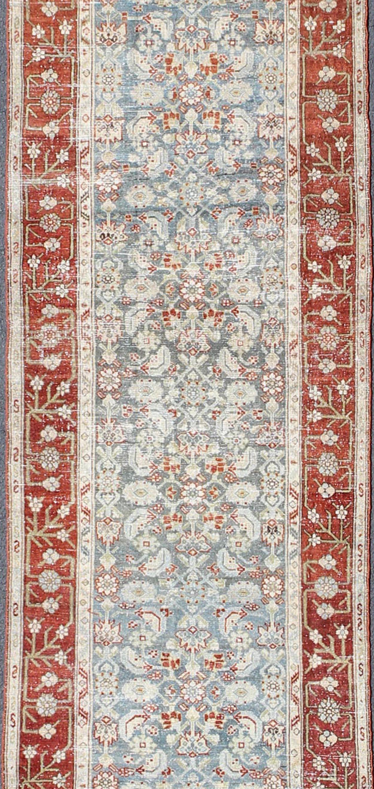 Hand-Knotted Long Runner in Blue and Red Antique Persian Malayer with All-Over Floral Design For Sale