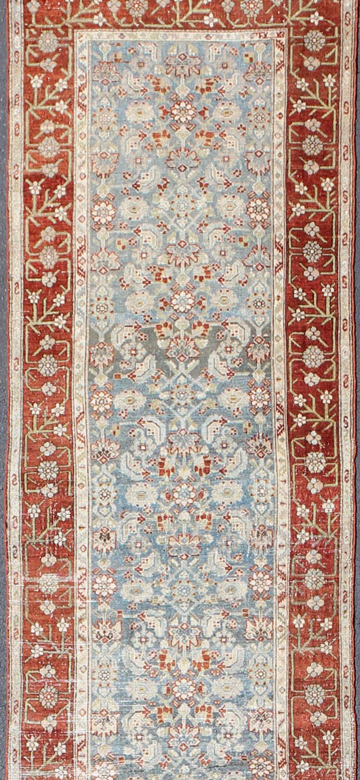 Long Runner in Blue and Red Antique Persian Malayer with All-Over Floral Design In Good Condition For Sale In Atlanta, GA