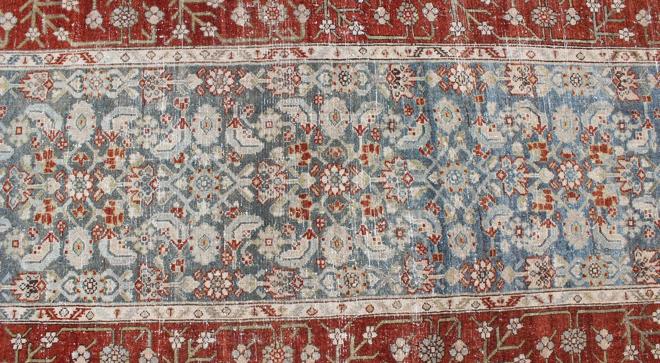 Wool Long Runner in Blue and Red Antique Persian Malayer with All-Over Floral Design For Sale
