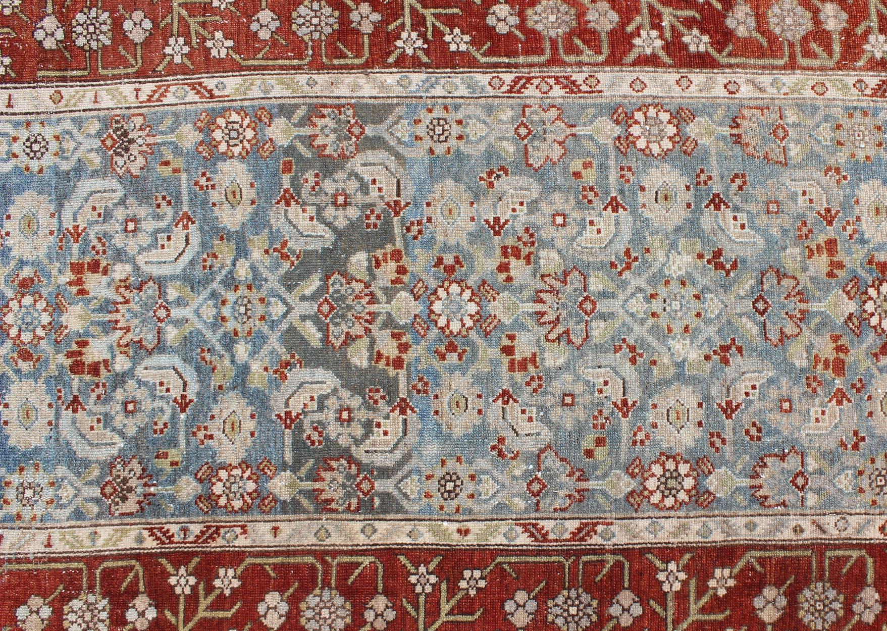 Long Runner in Blue and Red Antique Persian Malayer with All-Over Floral Design For Sale 1