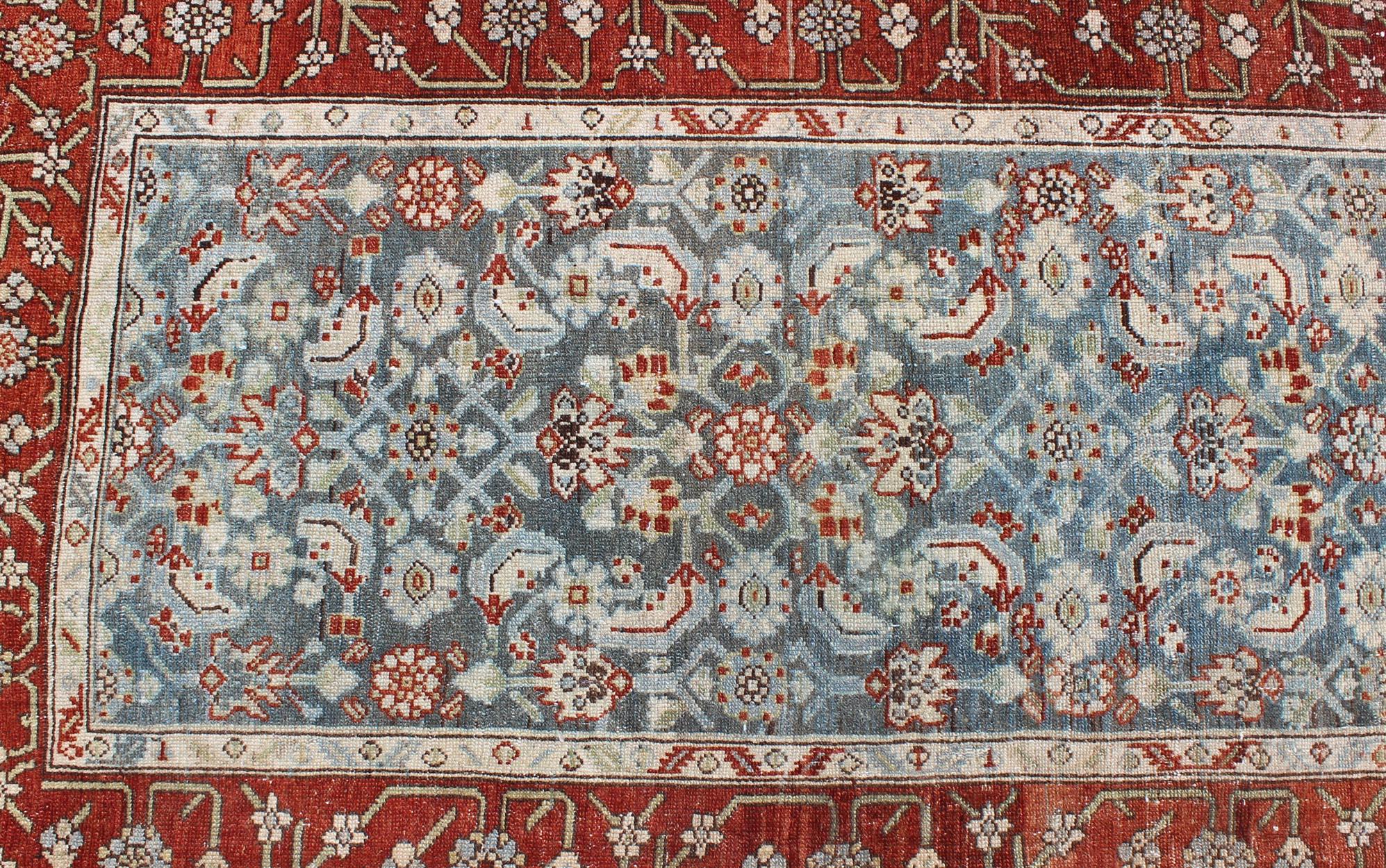 Long Runner in Blue and Red Antique Persian Malayer with All-Over Floral Design For Sale 2