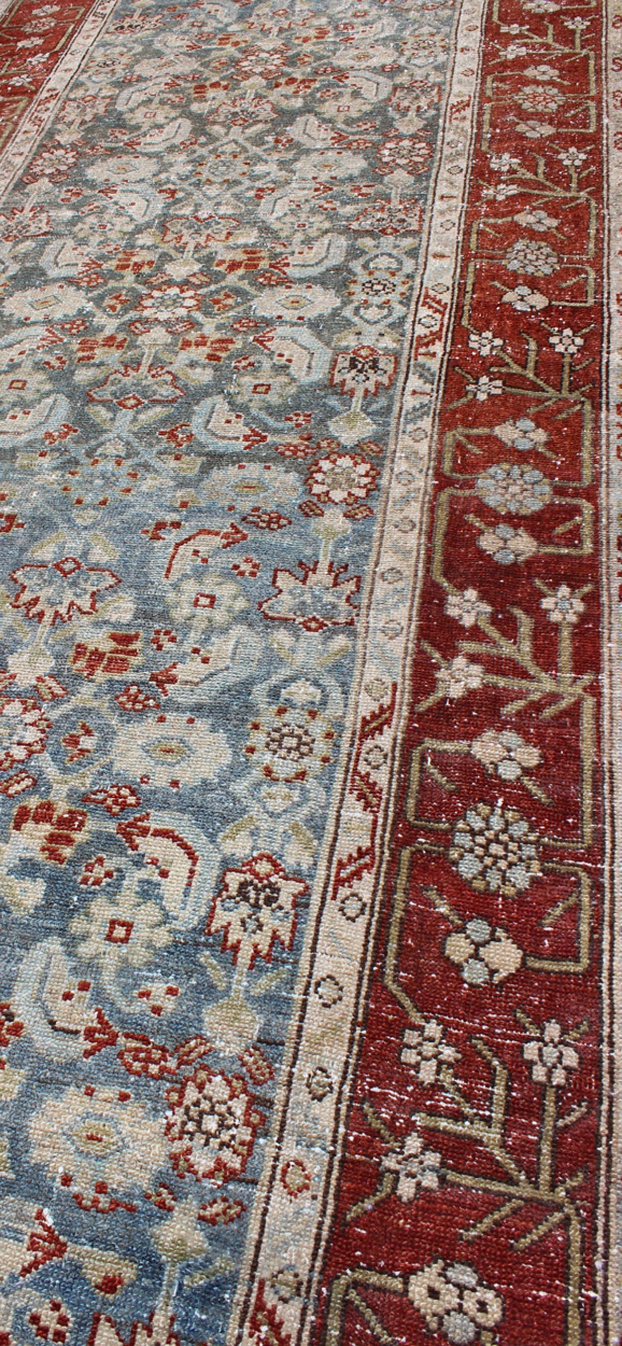 Long Runner in Blue and Red Antique Persian Malayer with All-Over Floral Design For Sale 3