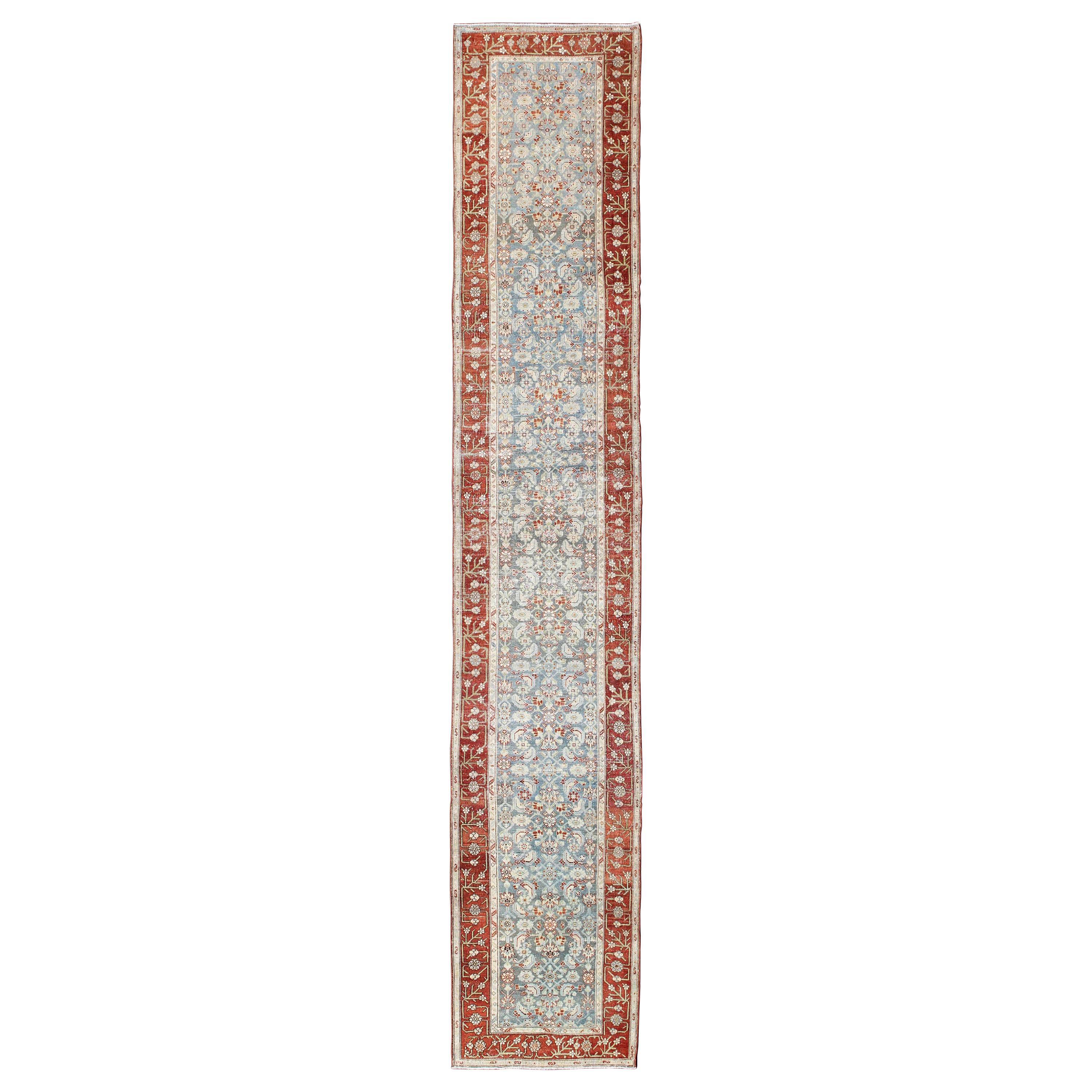 Long Runner in Blue and Red Antique Persian Malayer with All-Over Floral Design