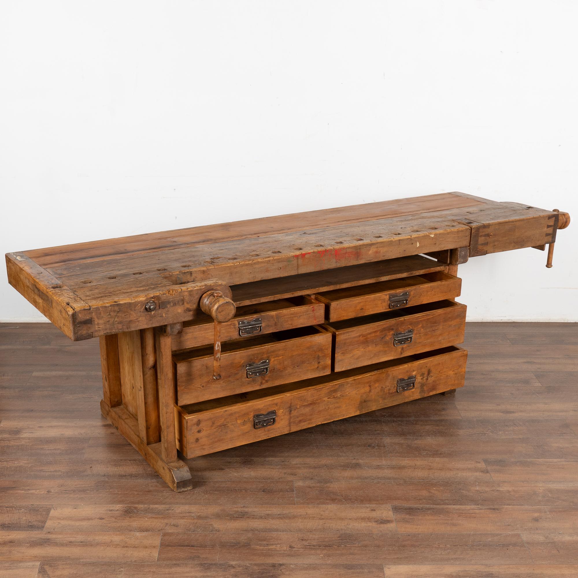 Danish Long Rustic Carpenter's Workbench Console with Five Drawers, Denmark circa 1890