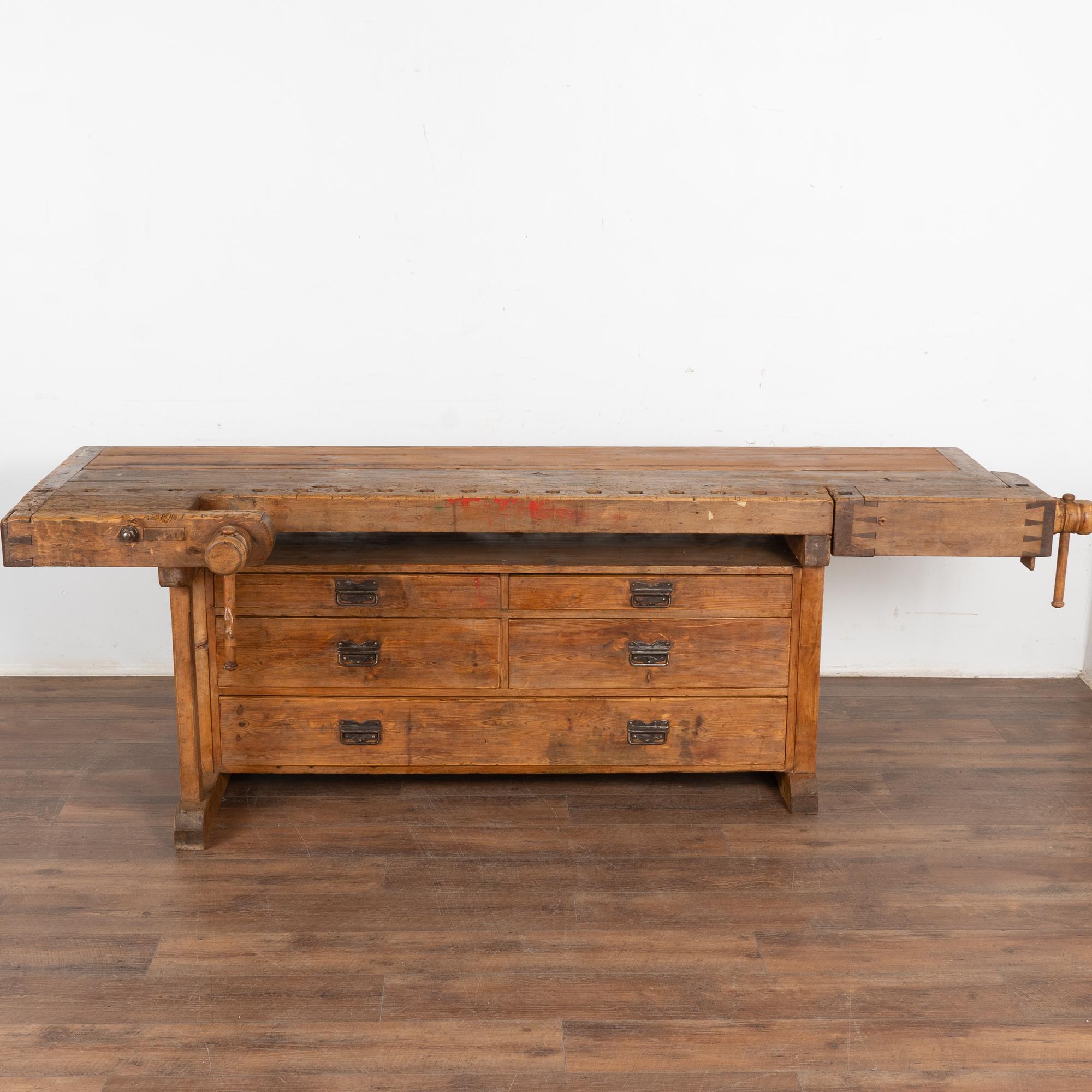 Long Rustic Carpenter's Workbench Console with Five Drawers, Denmark circa 1890 In Good Condition In Round Top, TX