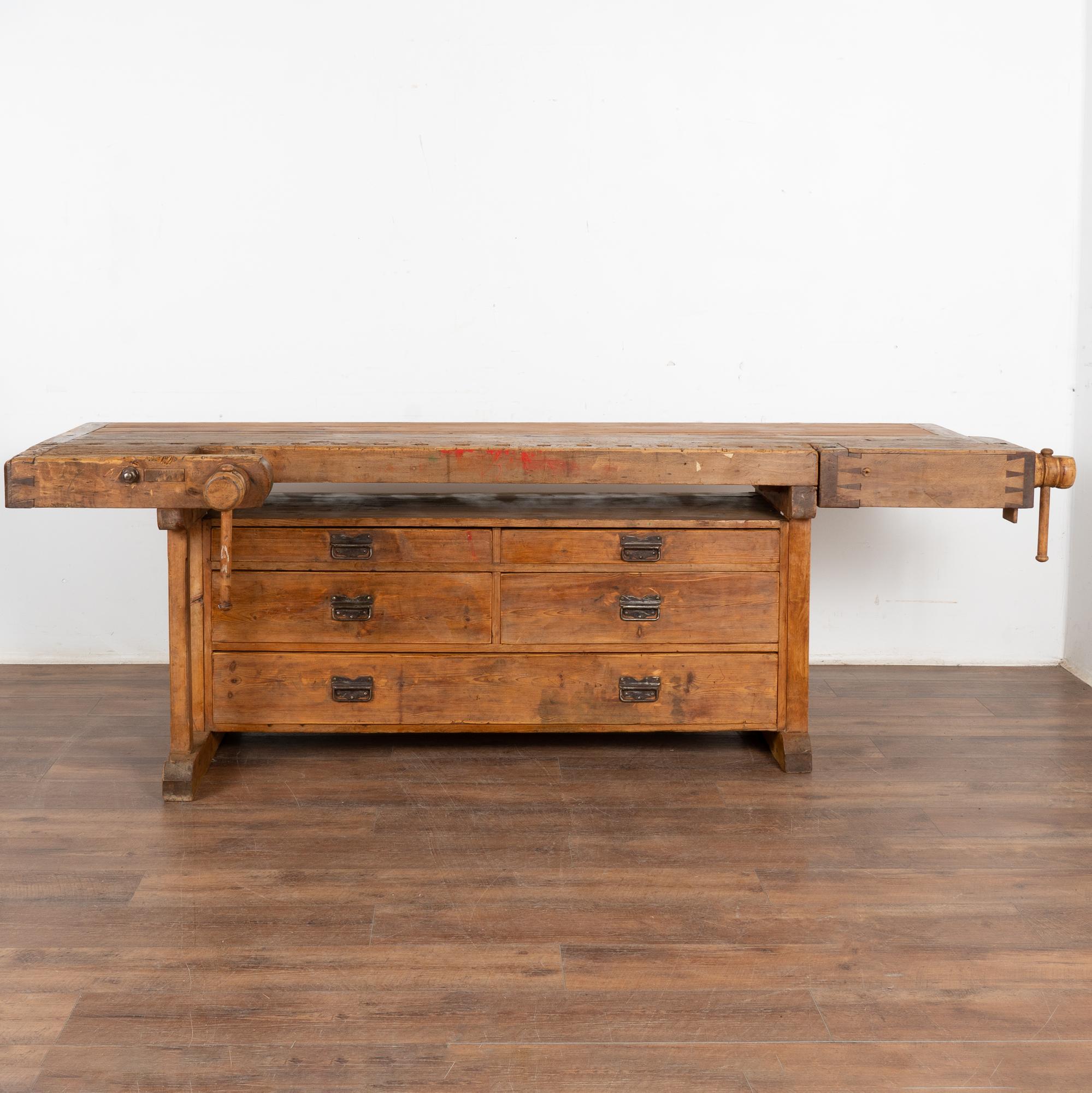 19th Century Long Rustic Carpenter's Workbench Console with Five Drawers, Denmark circa 1890