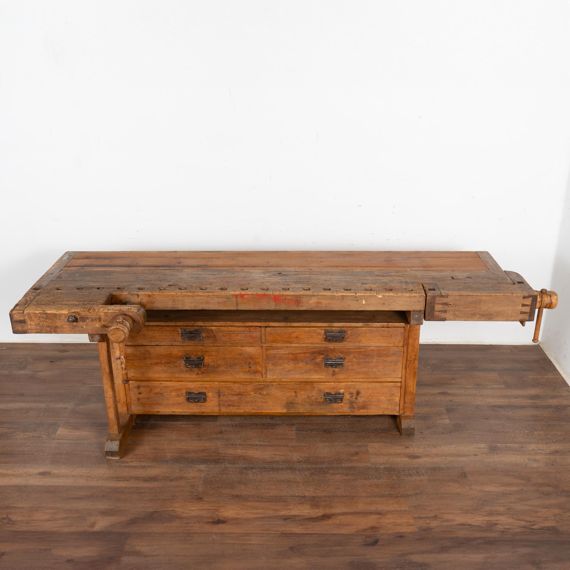Wood Long Rustic Carpenter's Workbench Console with Five Drawers, Denmark circa 1890