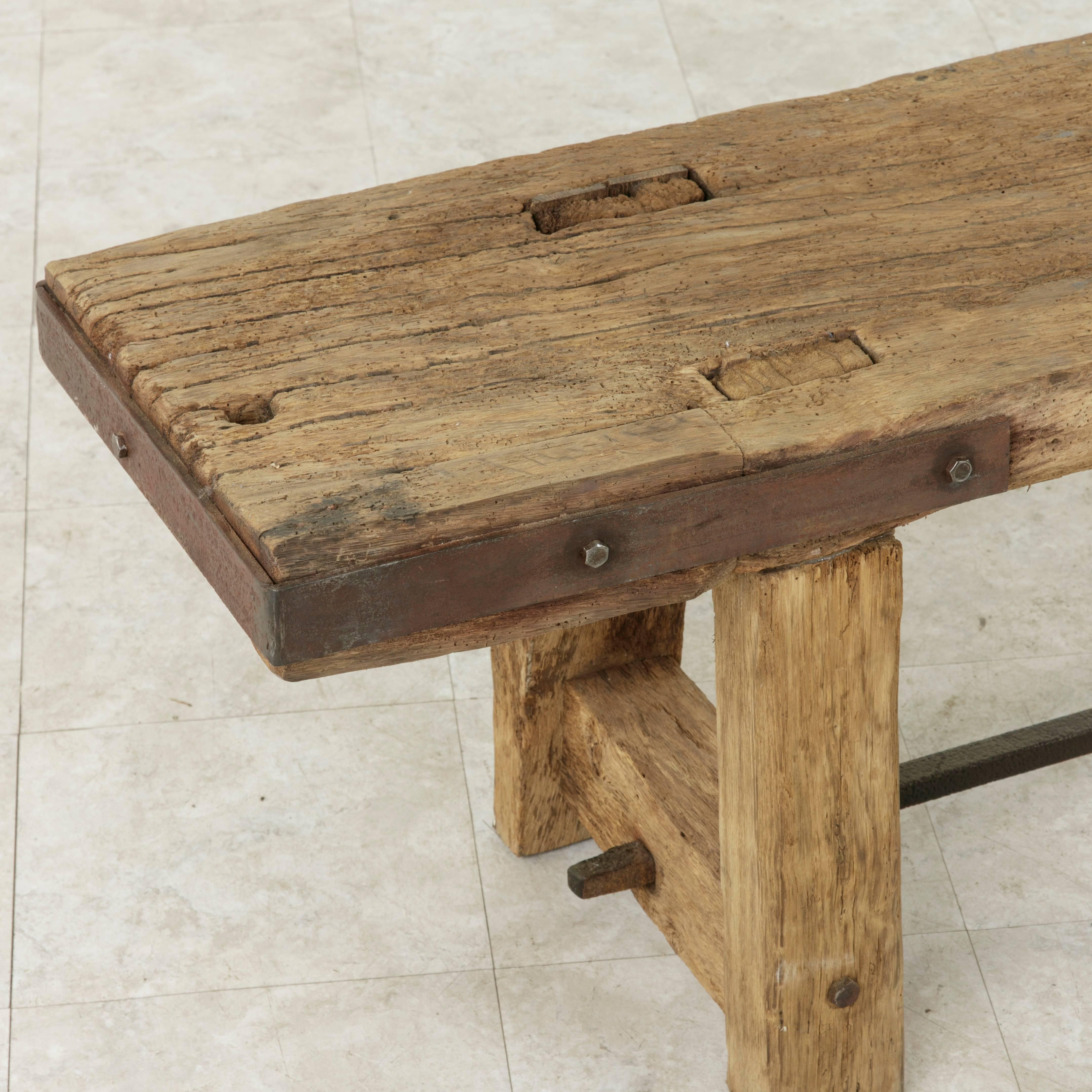 Long Rustic French Oak Bench in Natural Finish with Iron Corners and Crossbar 1
