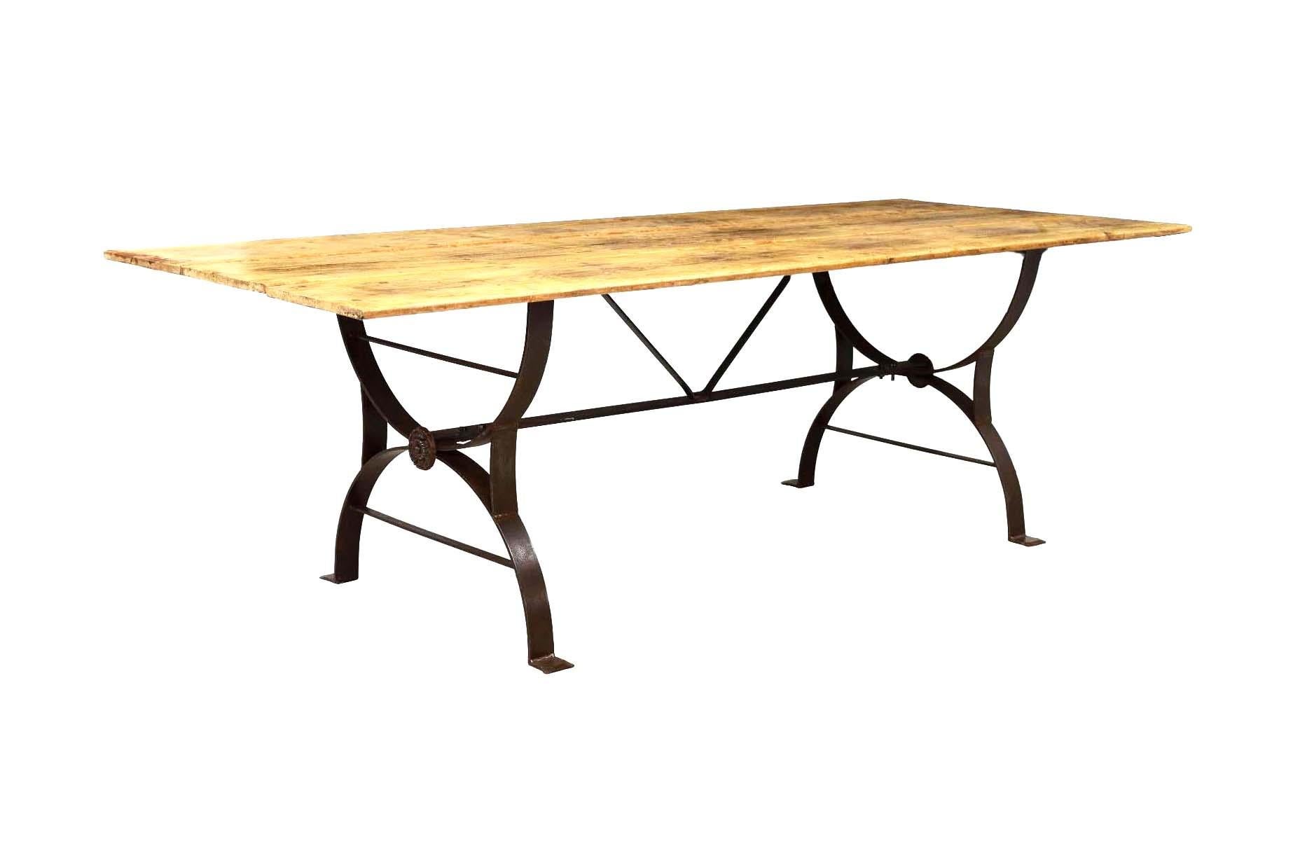 20th Century Long Rustic Waxed Pine Cast Iron Base Table For Sale