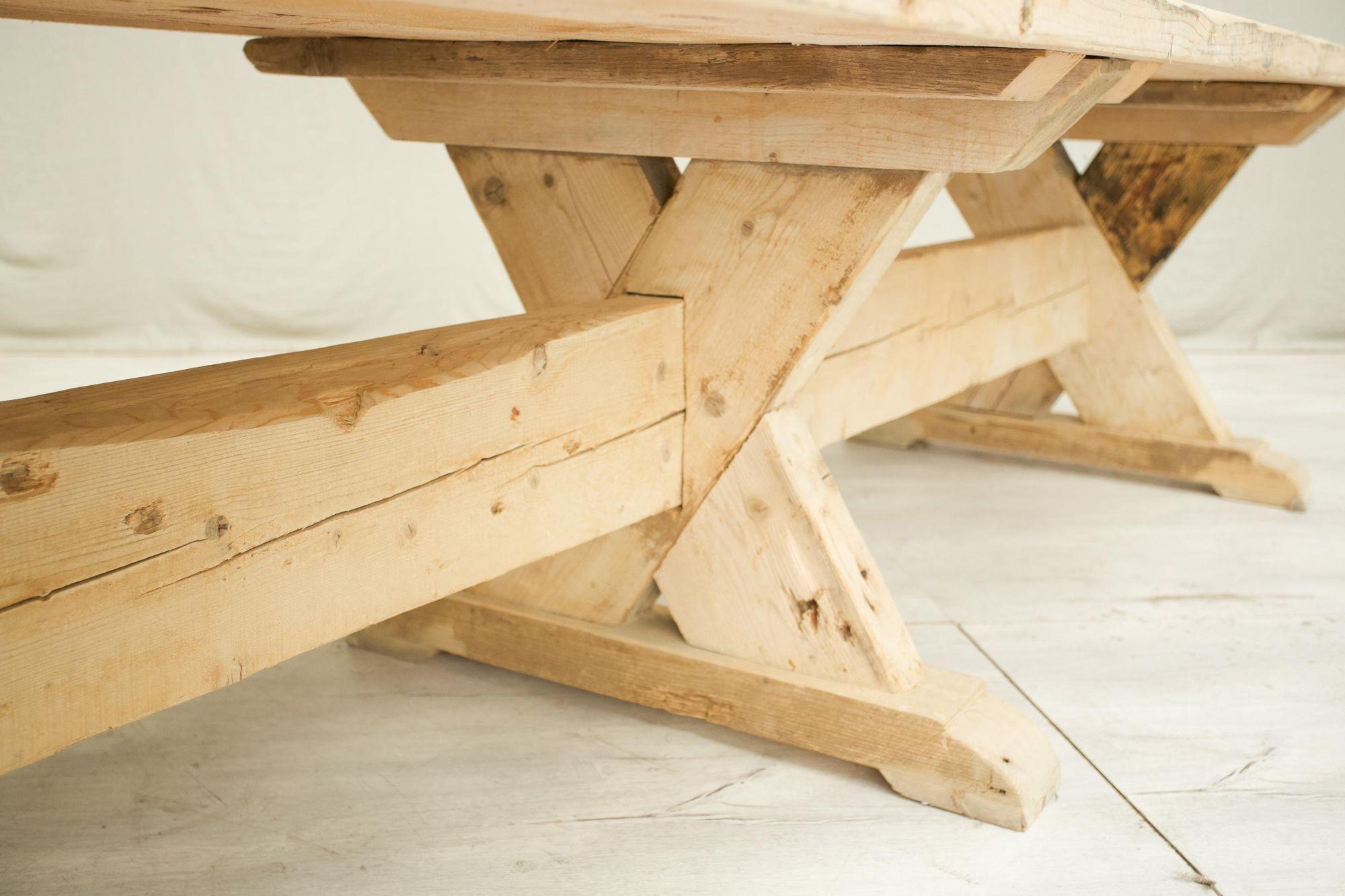 Contemporary Long Rustic 'X' Frame pine dining table For Sale