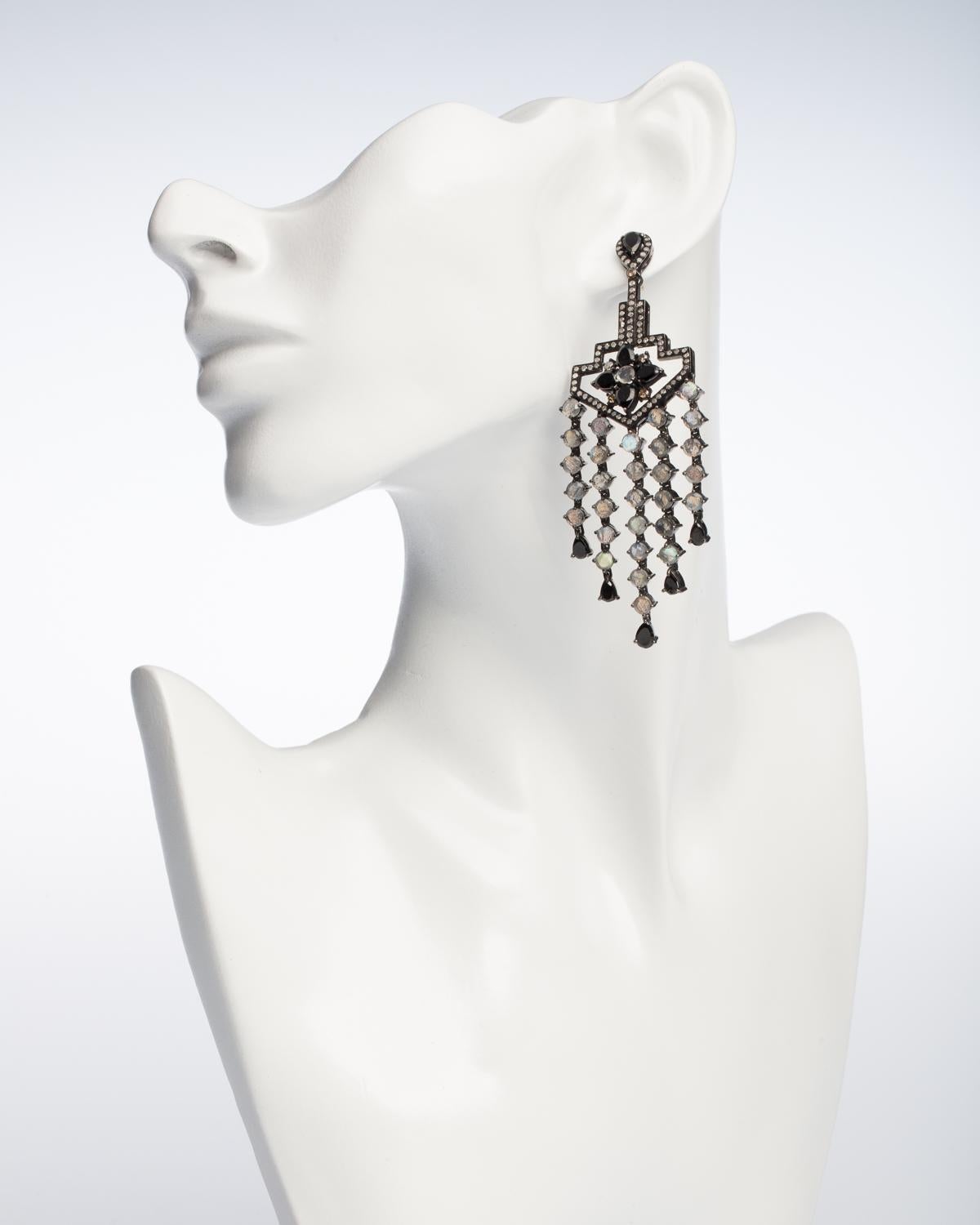 Women's or Men's Long Sapphire, Moonstone and Diamond Chandelier Dangle Earrings