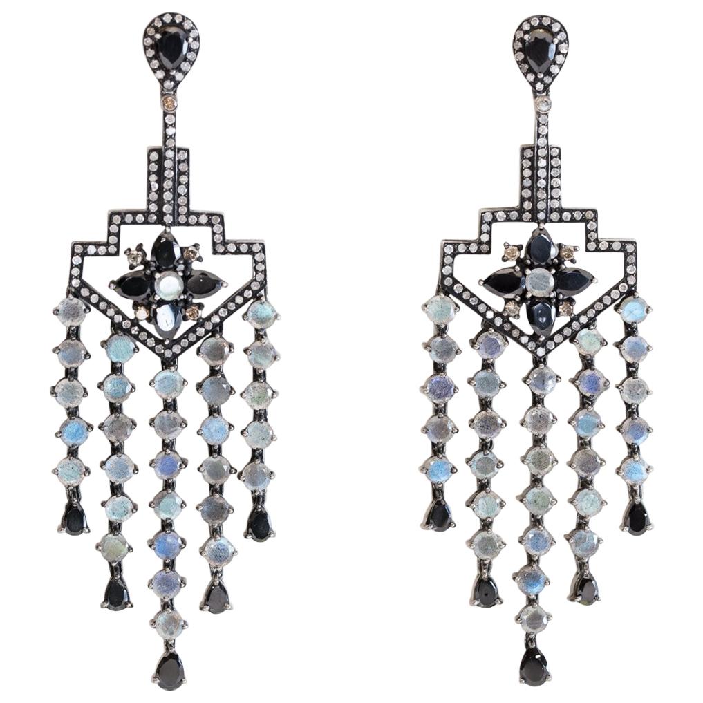 Long Sapphire, Moonstone and Diamond Chandelier Dangle Earrings