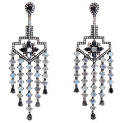 Long Sapphire, Moonstone and Diamond Earrings