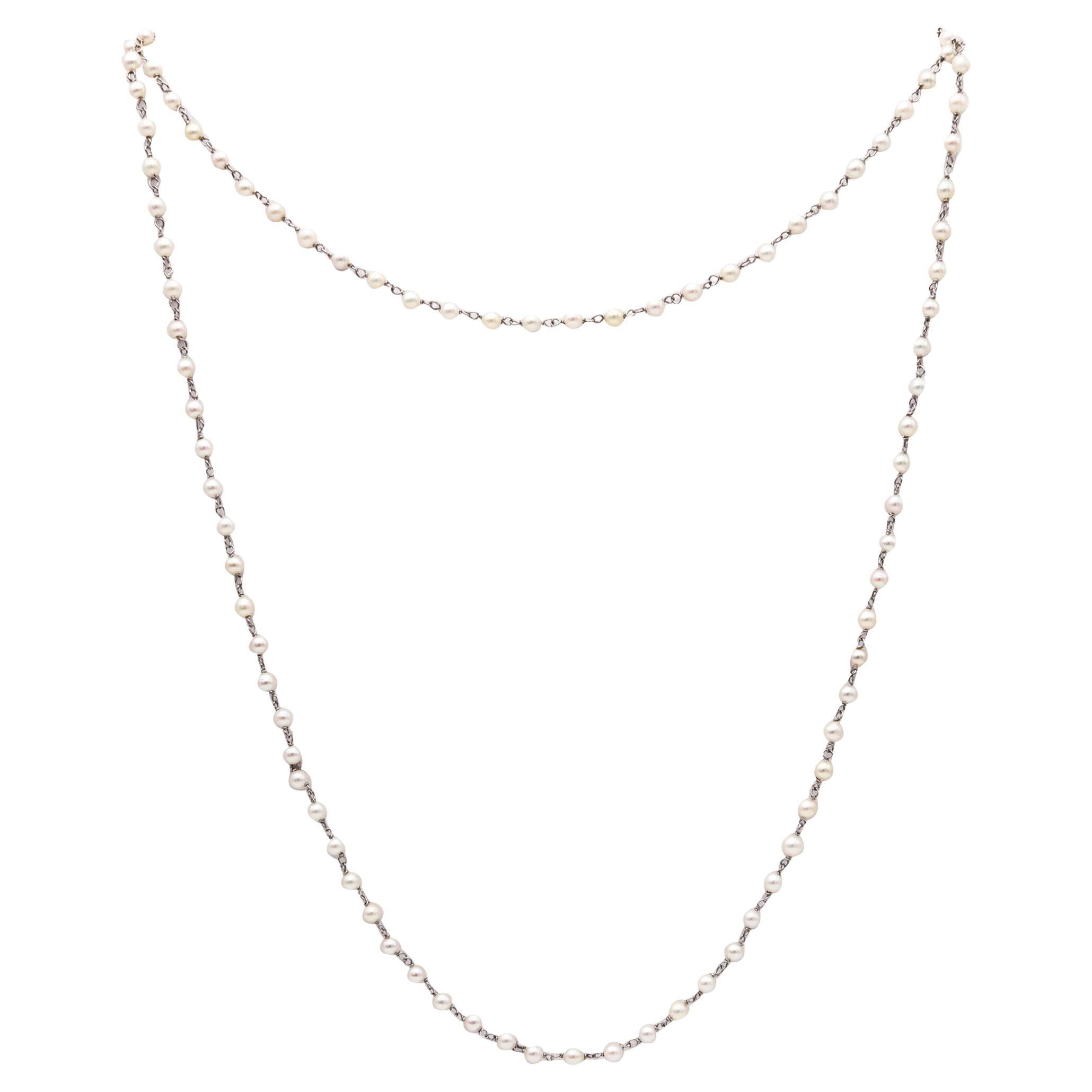 LONG SAUTOIR Vintage Necklace In Platinum with Graduated White Pearls