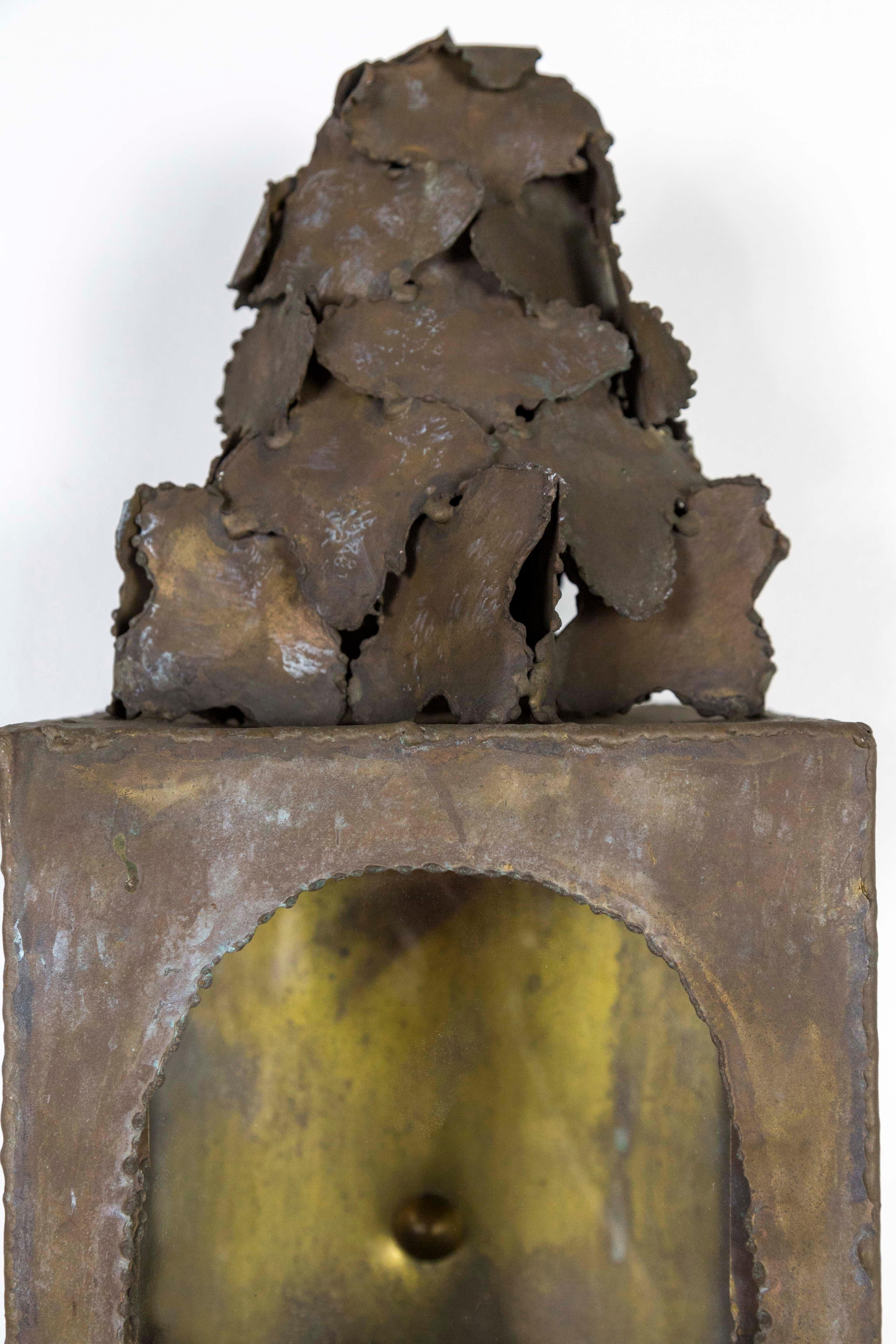Metal Long Sculptural Brutalist Brass Sconce by Tom Greene