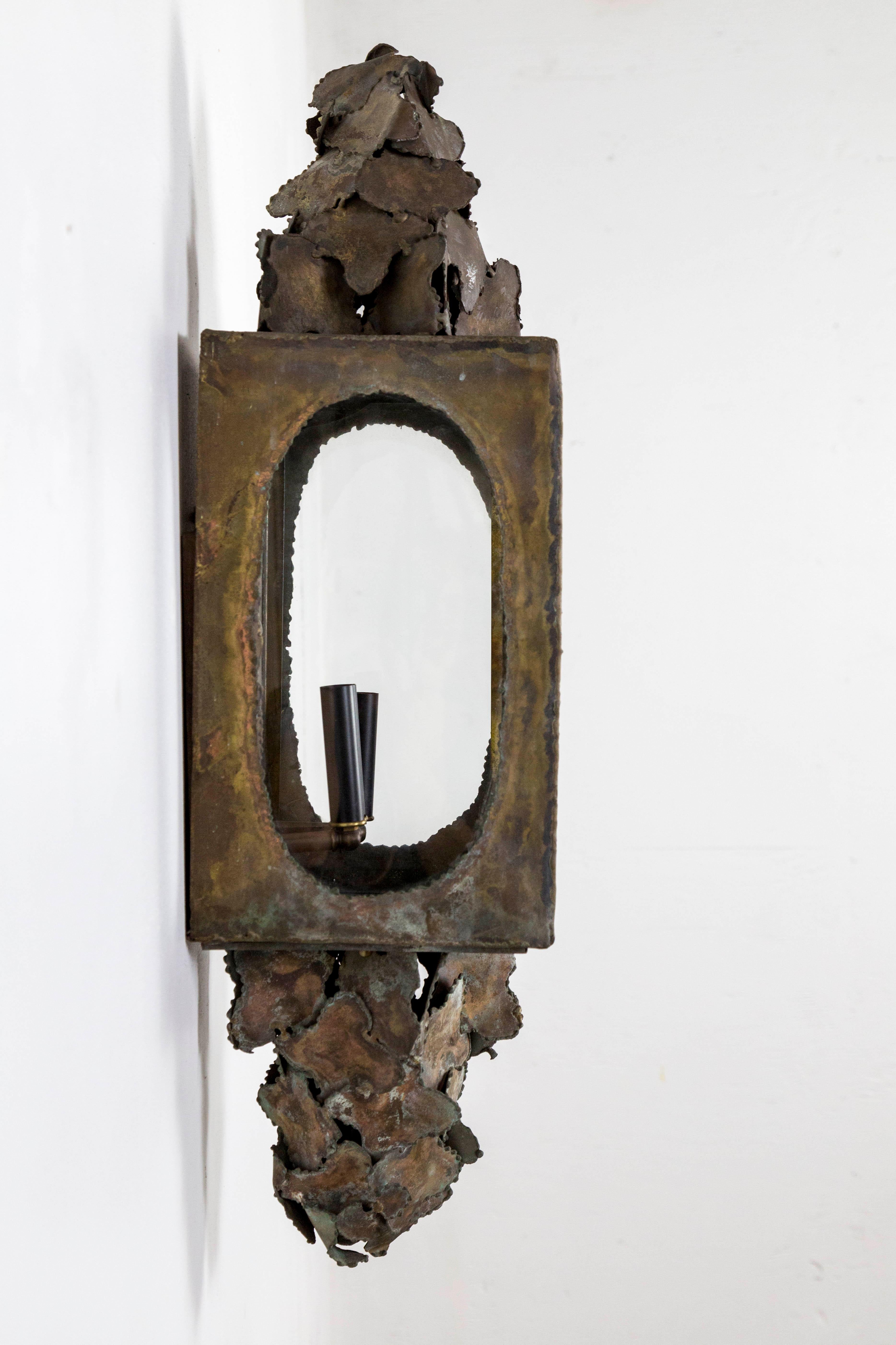 Long Sculptural Brutalist Brass Sconce by Tom Greene 1