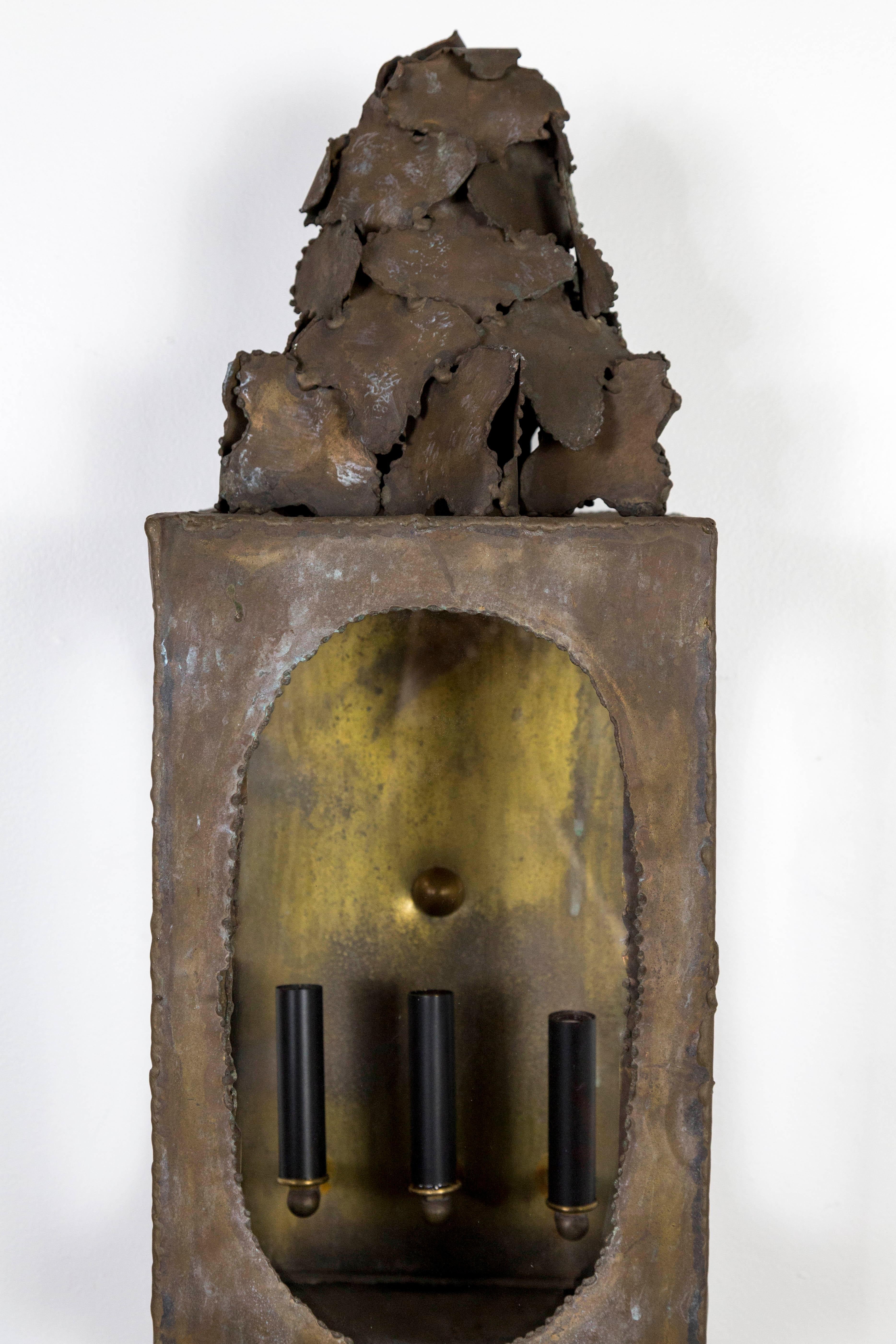 Long Sculptural Brutalist Brass Sconce by Tom Greene 3