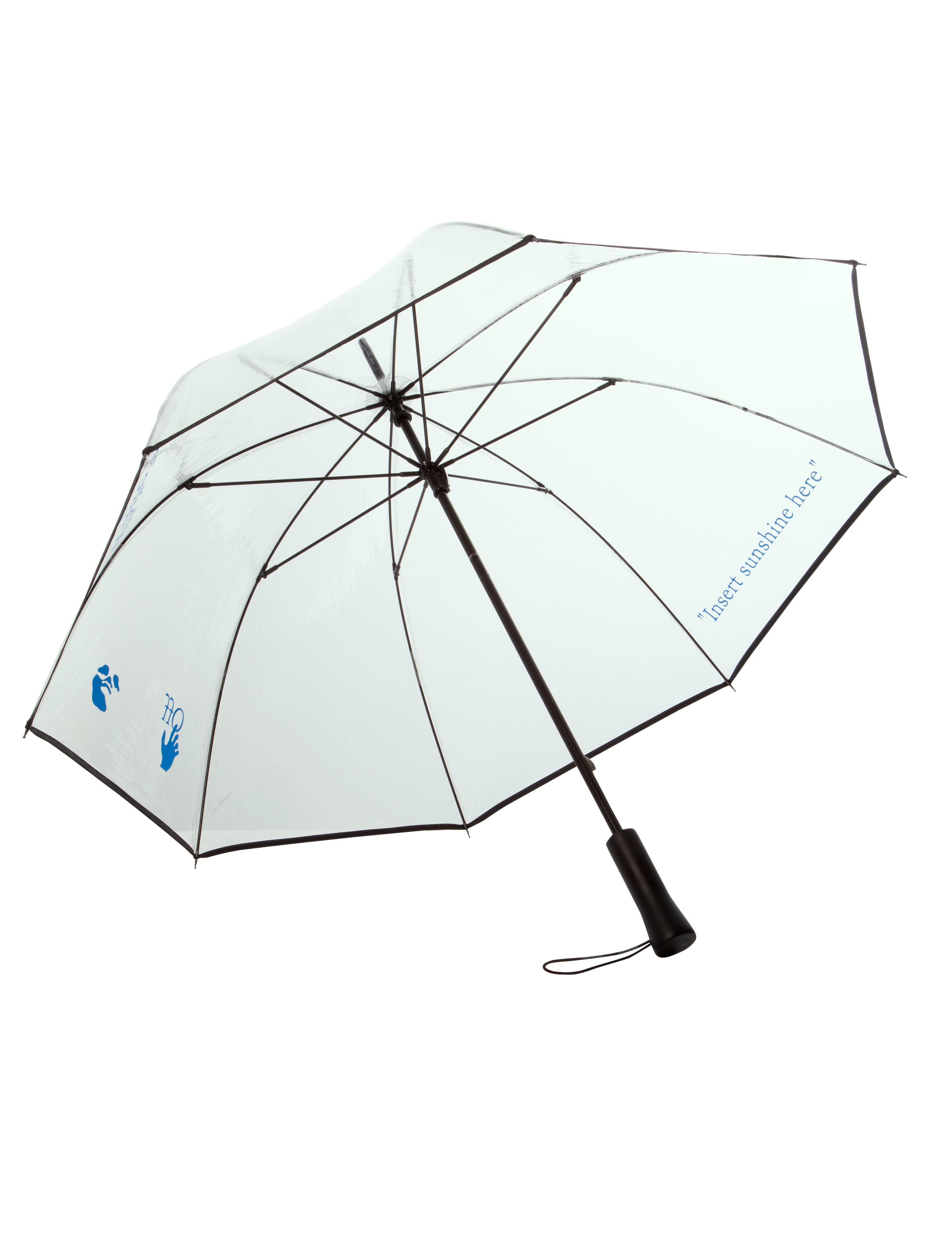 Long Umbrella in Transparent PVC, outisde Blue Man Swimming logo, inside quote 