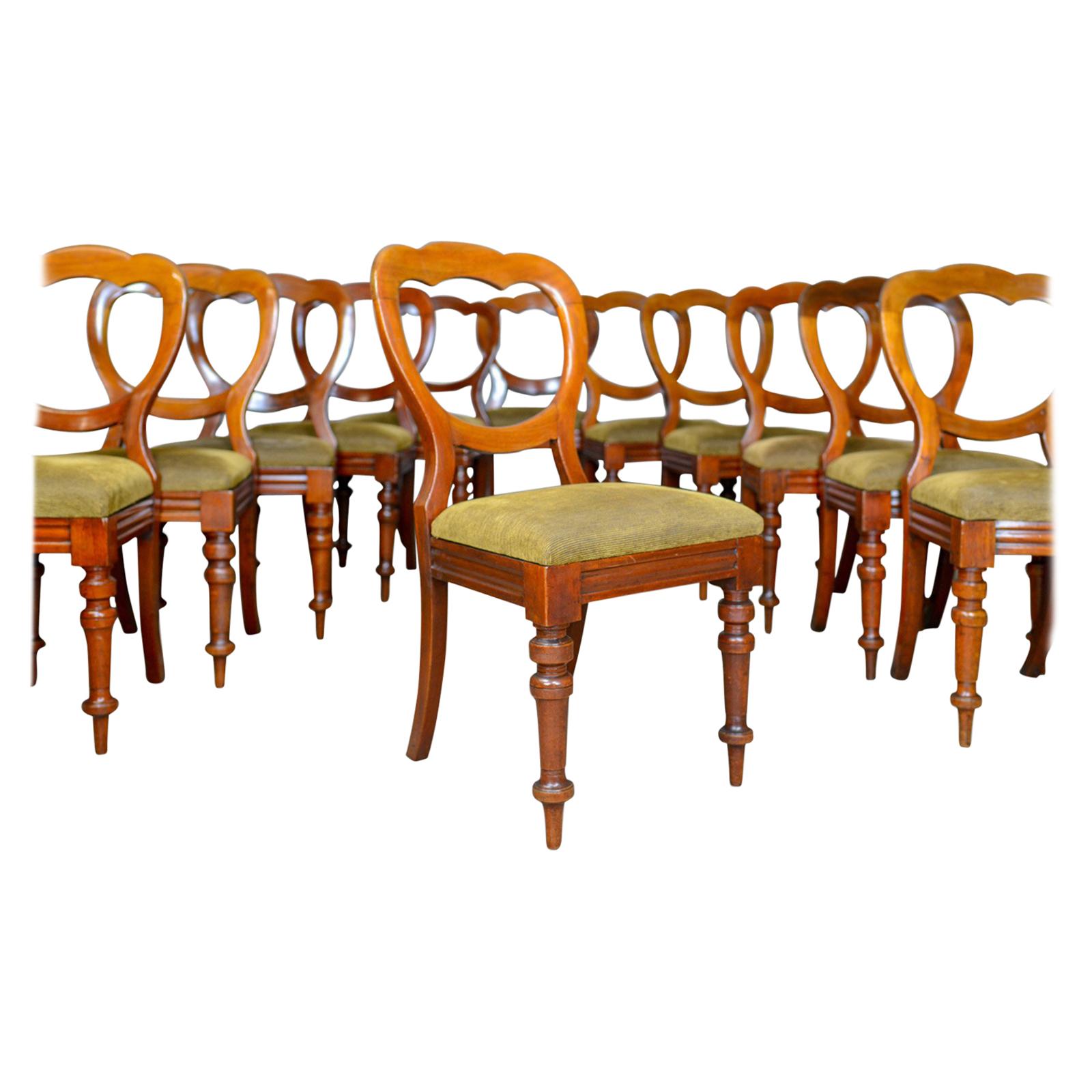 Long Set of 12 Antique Dining Chairs, English, Victorian, Balloon Back