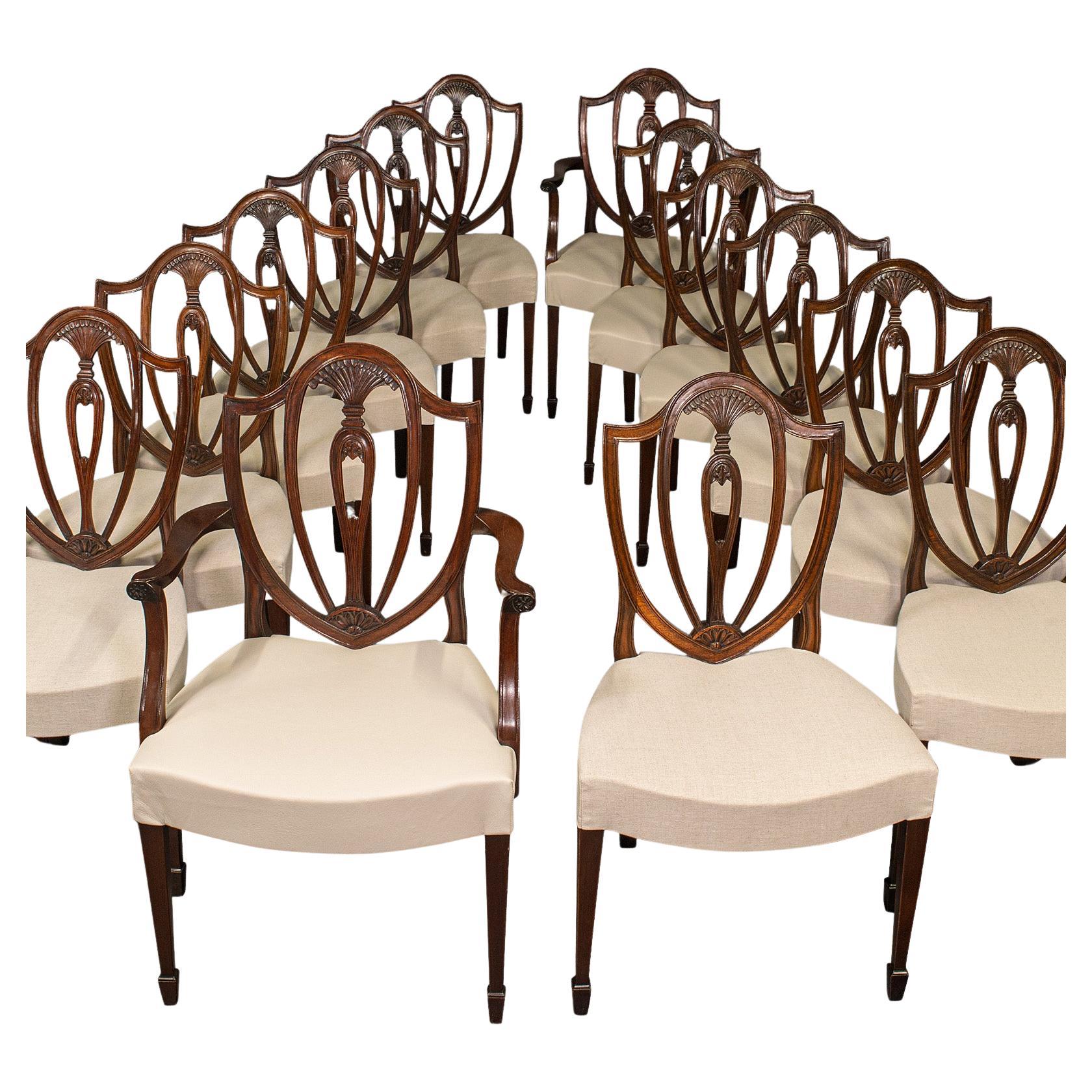 Long Set of 14 Antique Dining Chairs, English, Chippendale Revival, Victorian