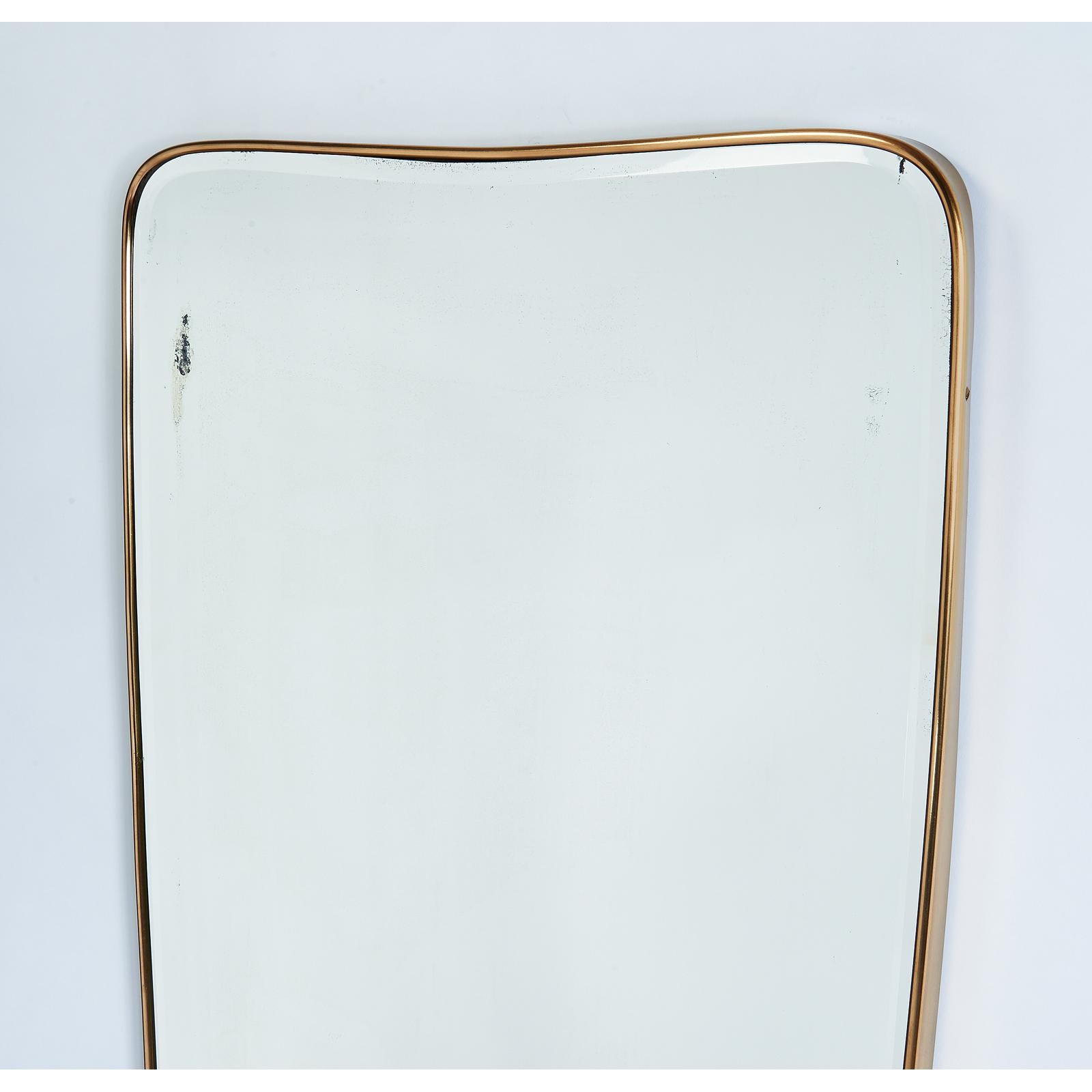 Mid-Century Modern Long Shaped Polished Brass Beveled Mirror, Italy, 1950s
