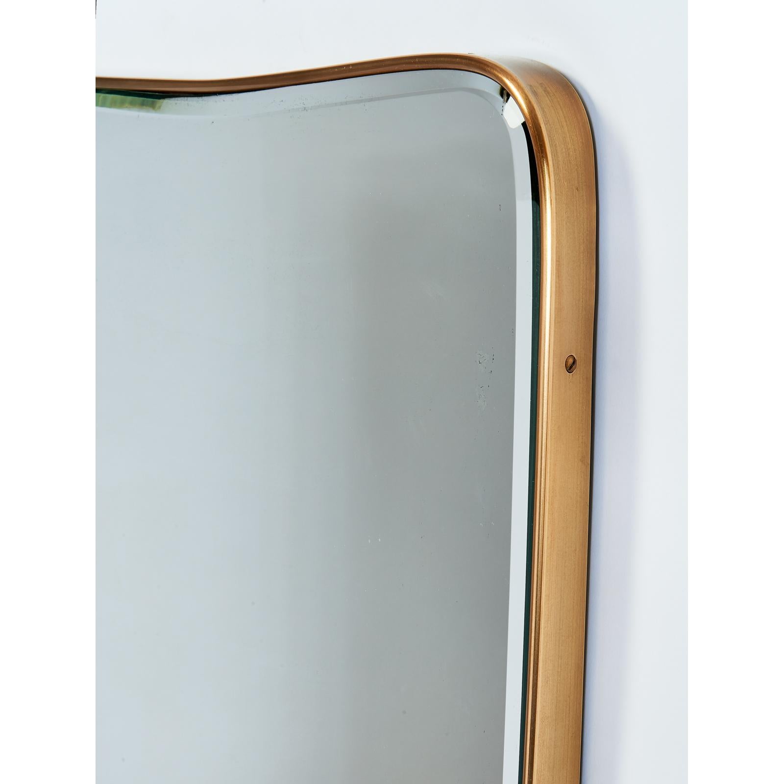 Mid-20th Century Long Shaped Polished Brass Beveled Mirror, Italy, 1950s