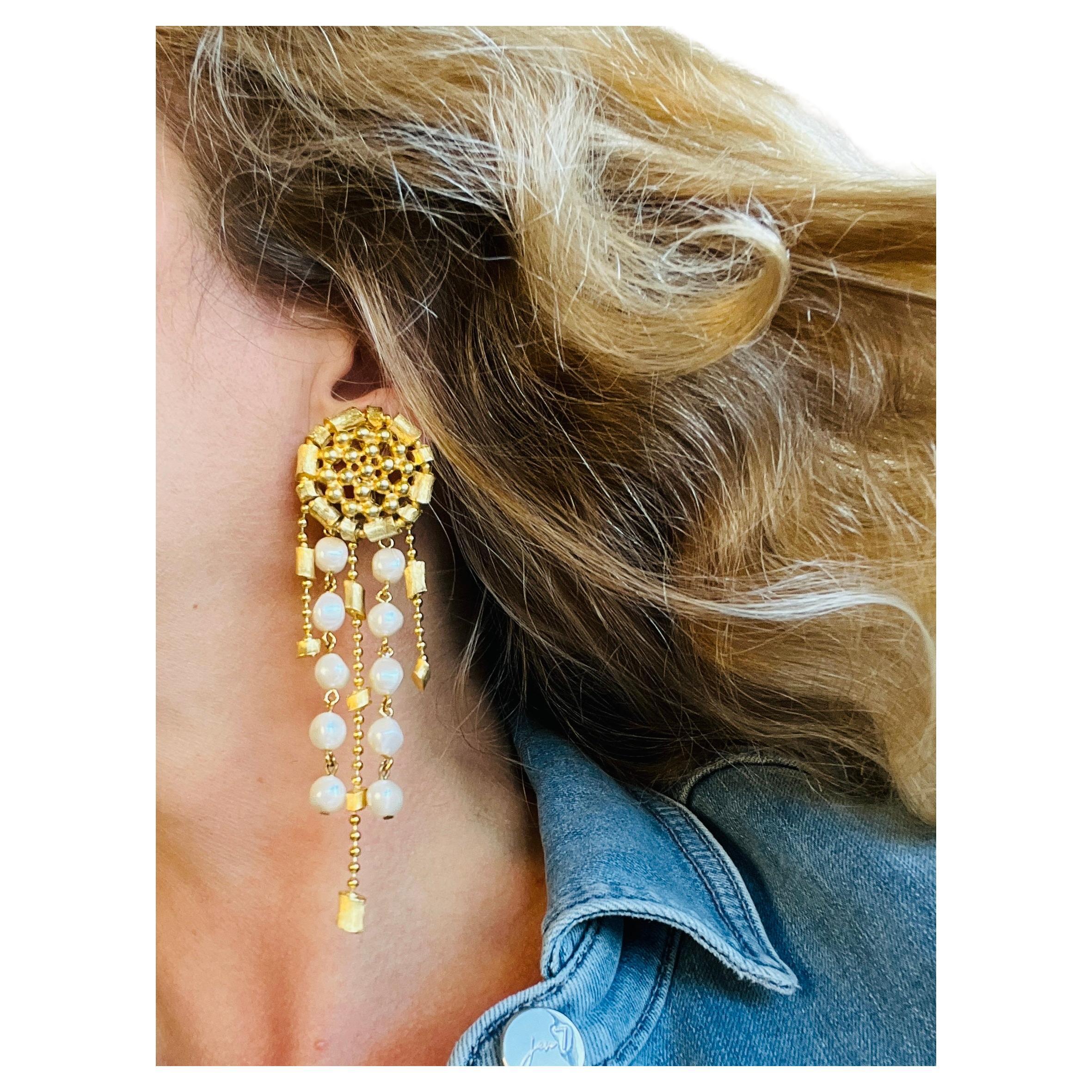 Long Shoulder Duster Haute Couture Runway Imitation Pearl Gold Earrings For Sale