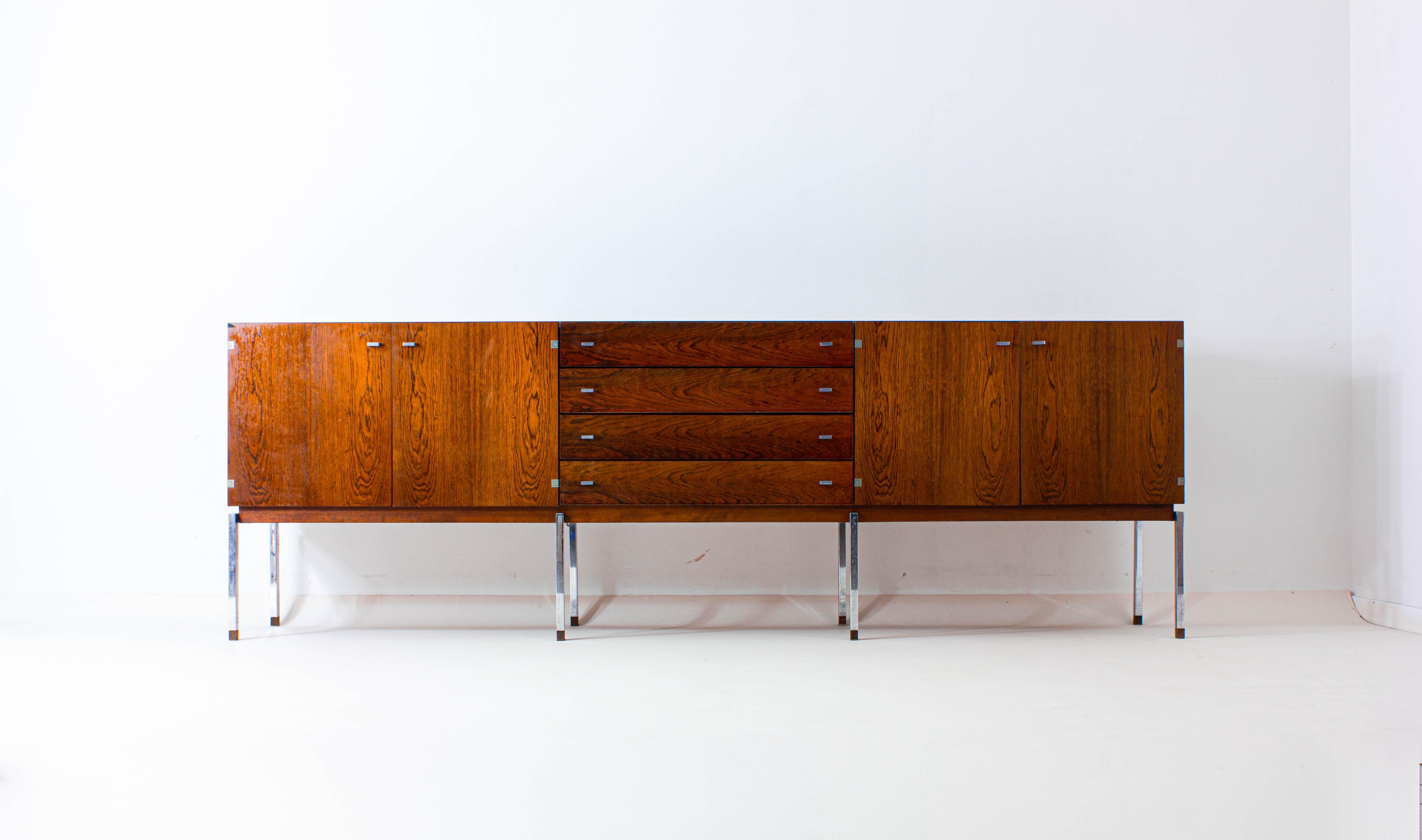 Mid-Century Modern Long Sideboard in Rosewood and Chrome, Belgium 1960s