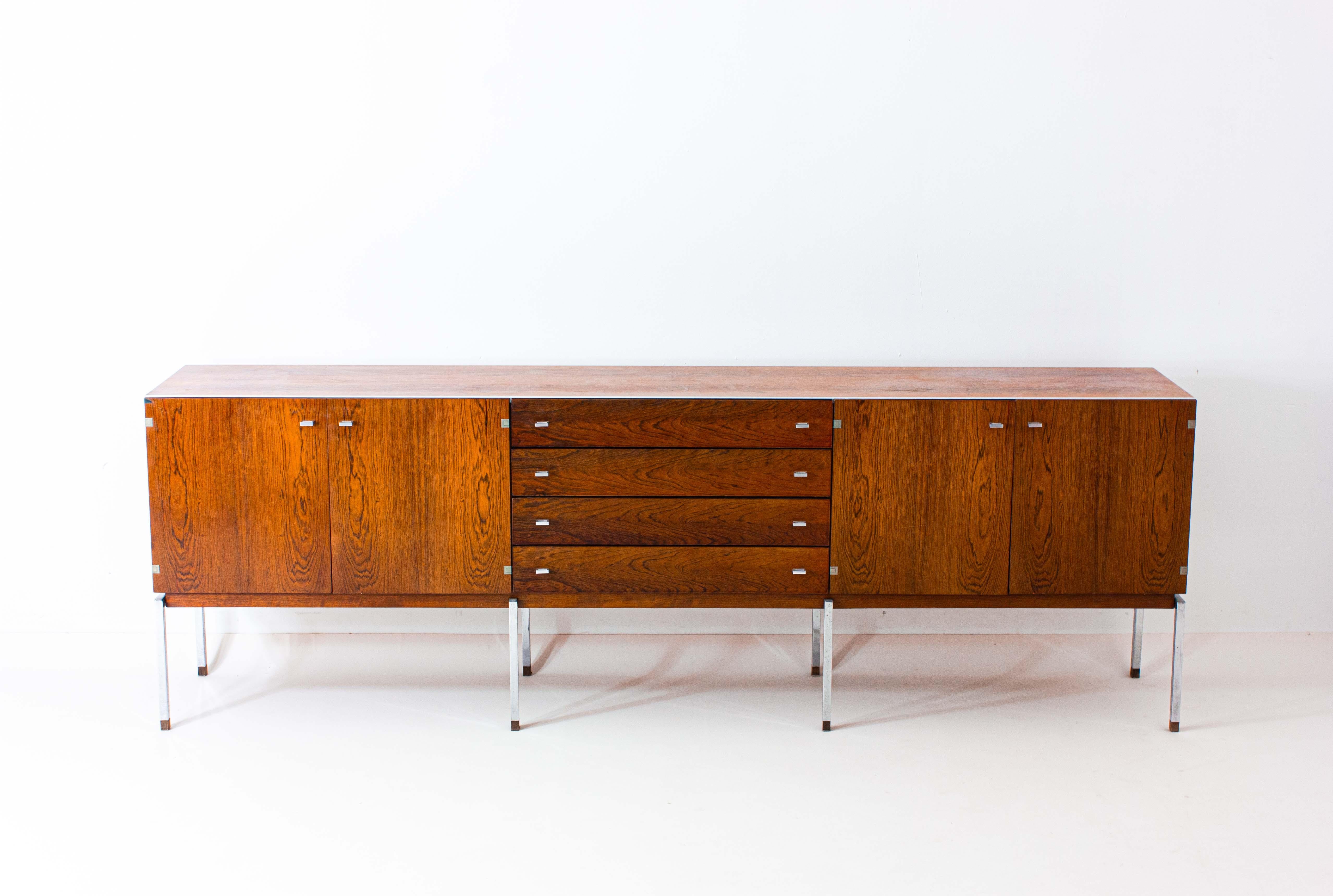 Belgian Long Sideboard in Rosewood and Chrome, Belgium 1960s