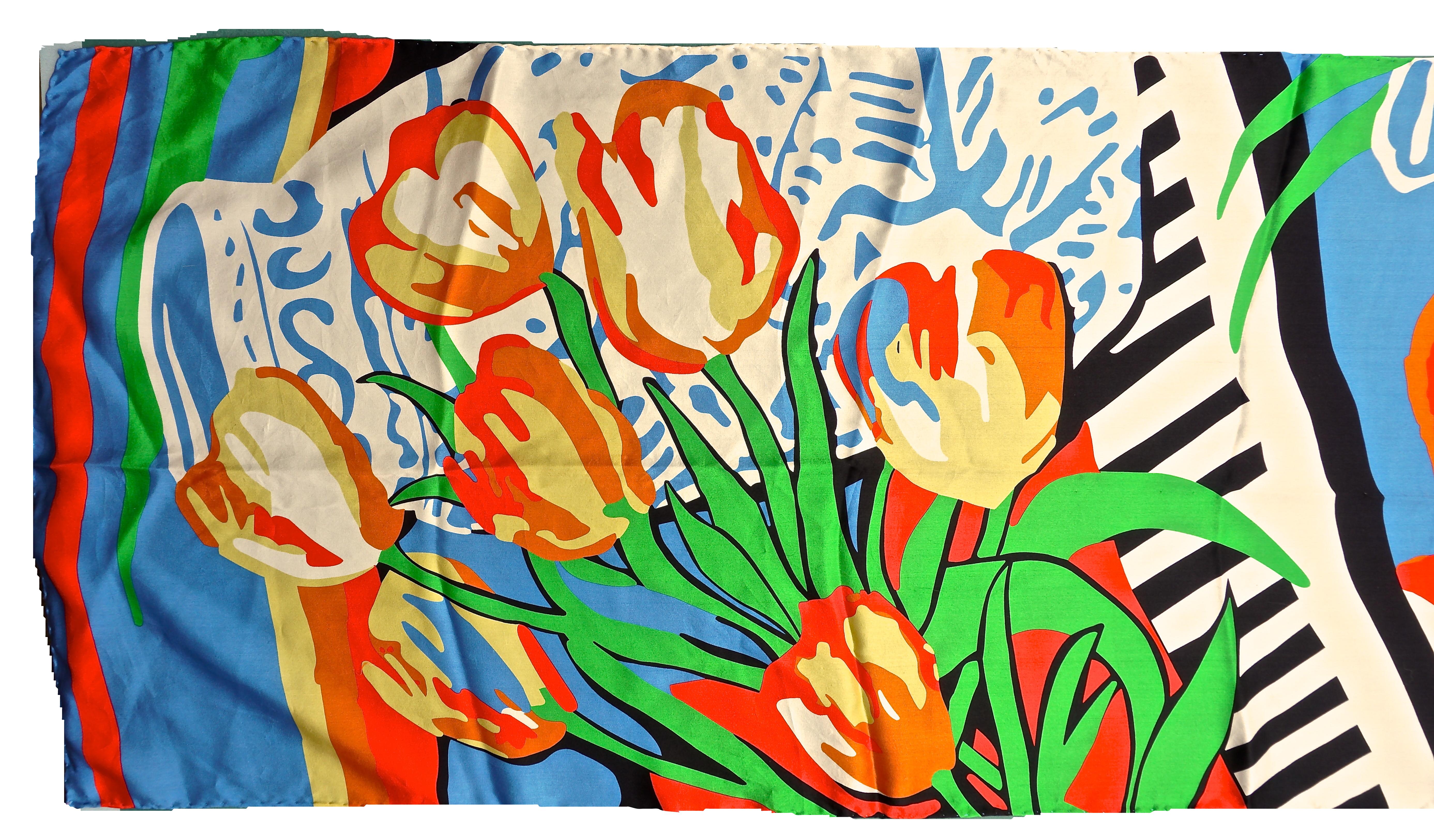 Long silk scarf, featuring a lovely brightly coloured abstract tulip flower and vase print. The scarf has hand rolled edges. Measuring approximately length 152.4cm / 60 inches by width 39.37cm / 15.5 inches. The scarf is in very good condition, with