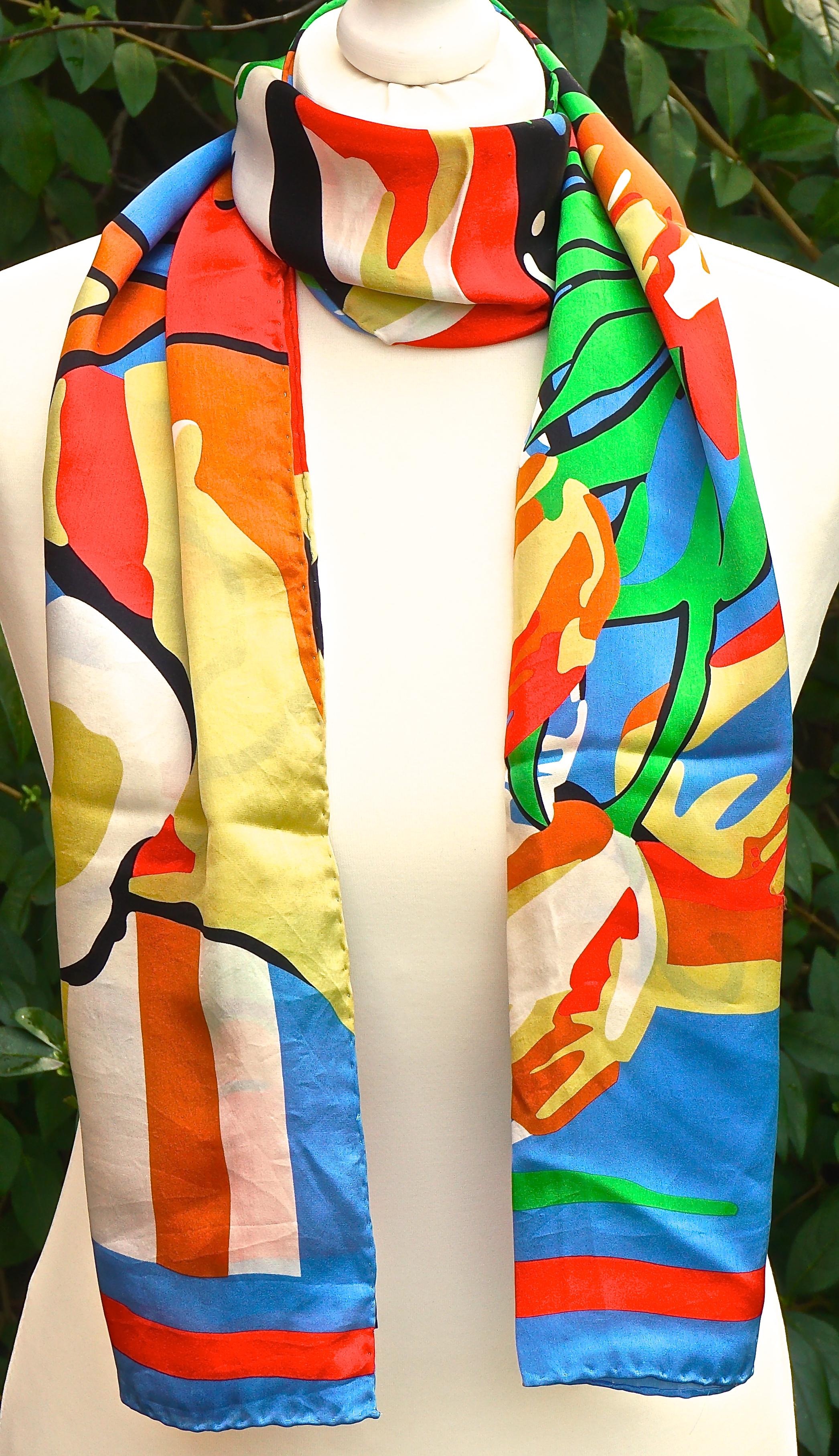 Beige Long Silk Scarf with a Brightly Coloured Abstract Tulip Flower and Vase Print For Sale