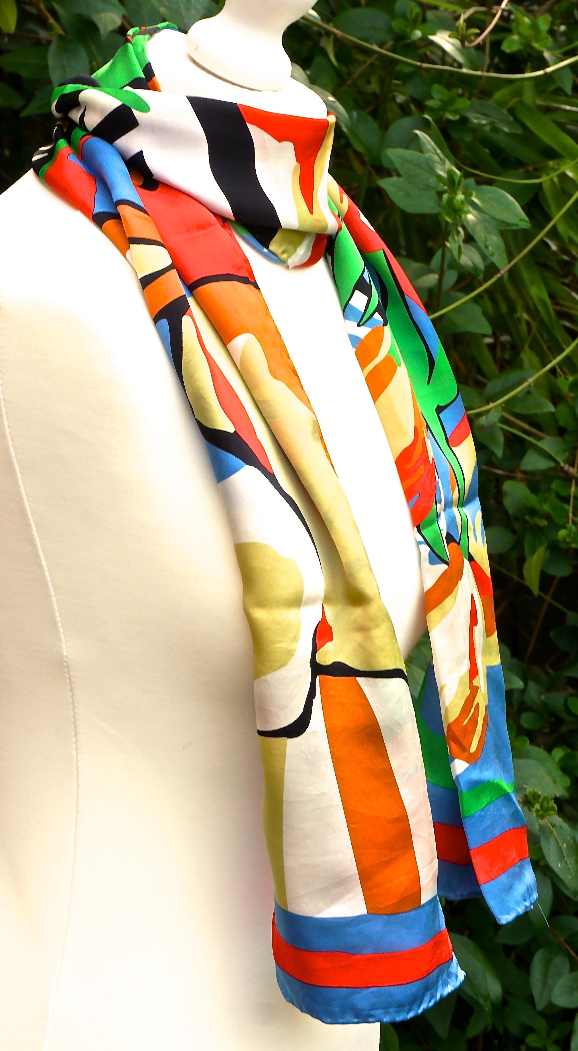 Long Silk Scarf with a Brightly Coloured Abstract Tulip Flower and Vase Print In Good Condition For Sale In London, GB