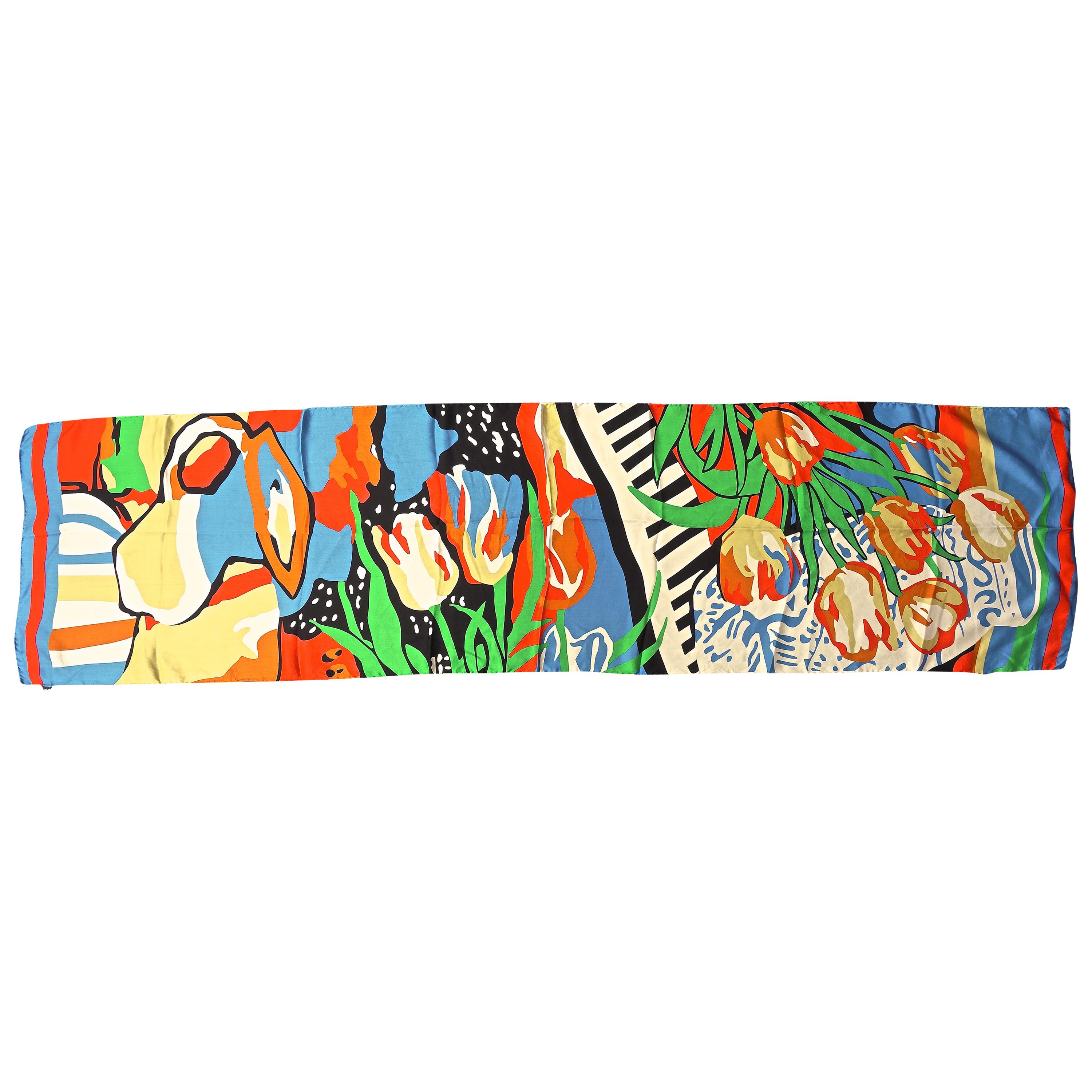 Long Silk Scarf with a Brightly Coloured Abstract Tulip Flower and Vase Print For Sale