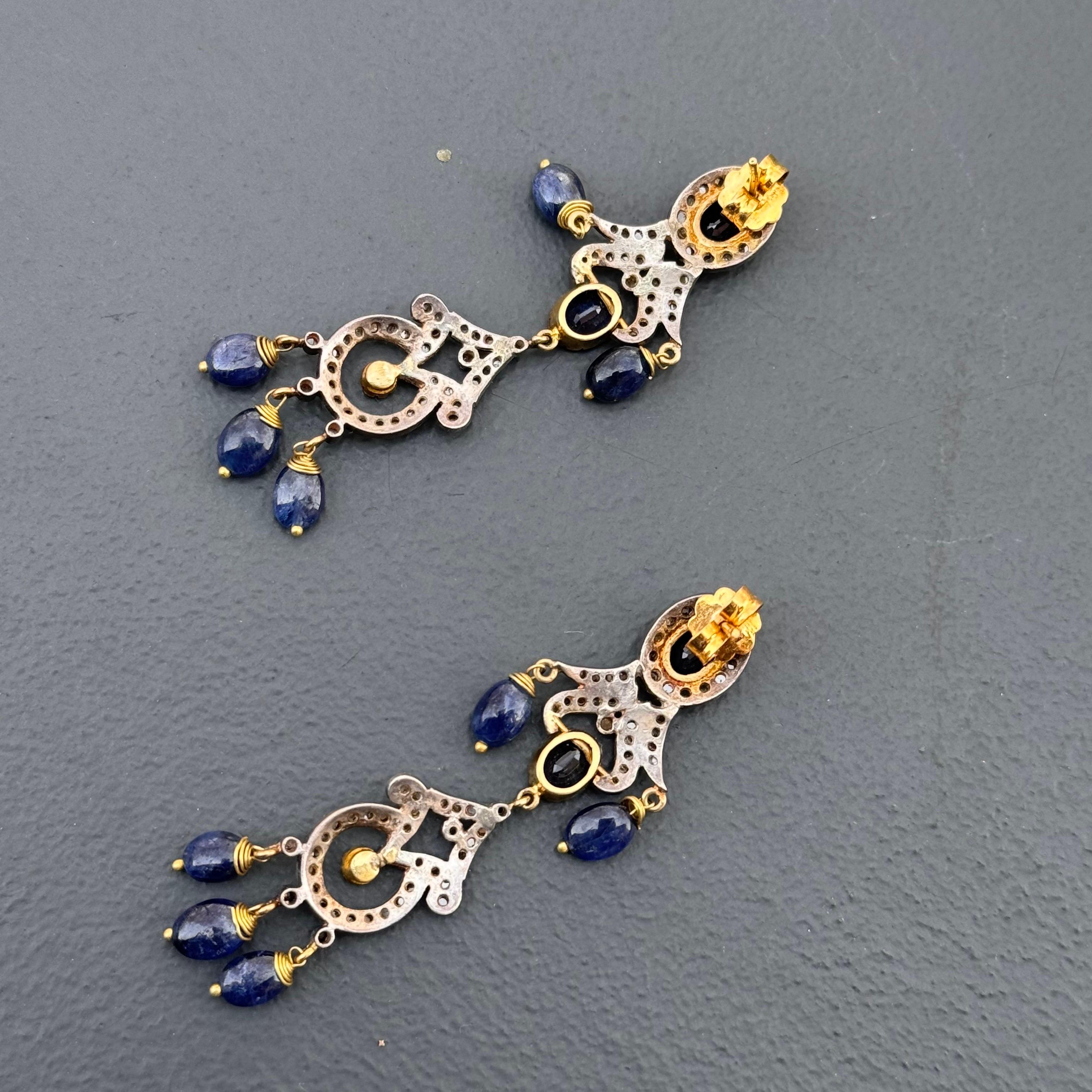 Long Silver 14k Yellow Gold Diamond Sapphire Dangle Earrings For Sale 4