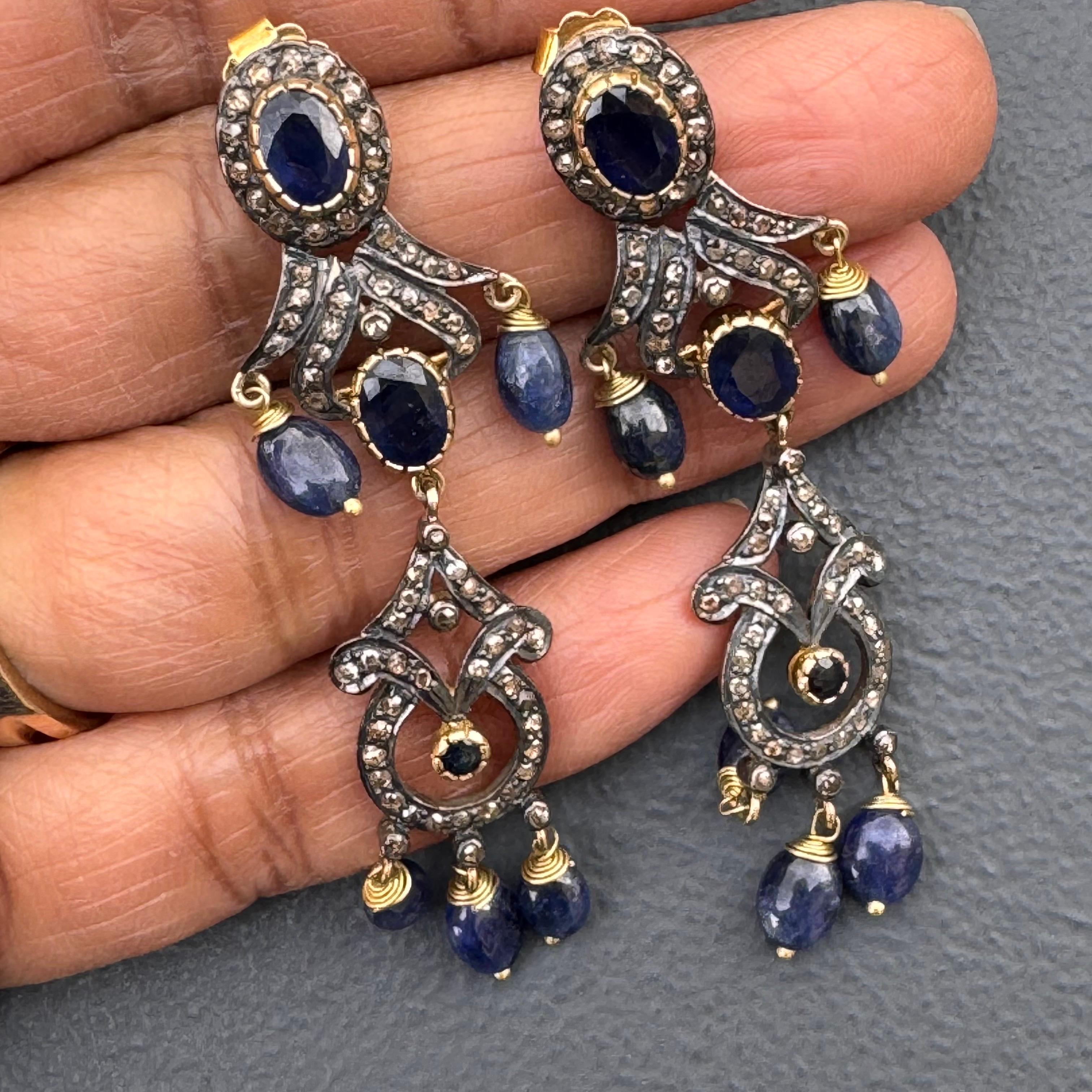 Long Silver 14k Yellow Gold Diamond Sapphire Dangle Earrings For Sale 5