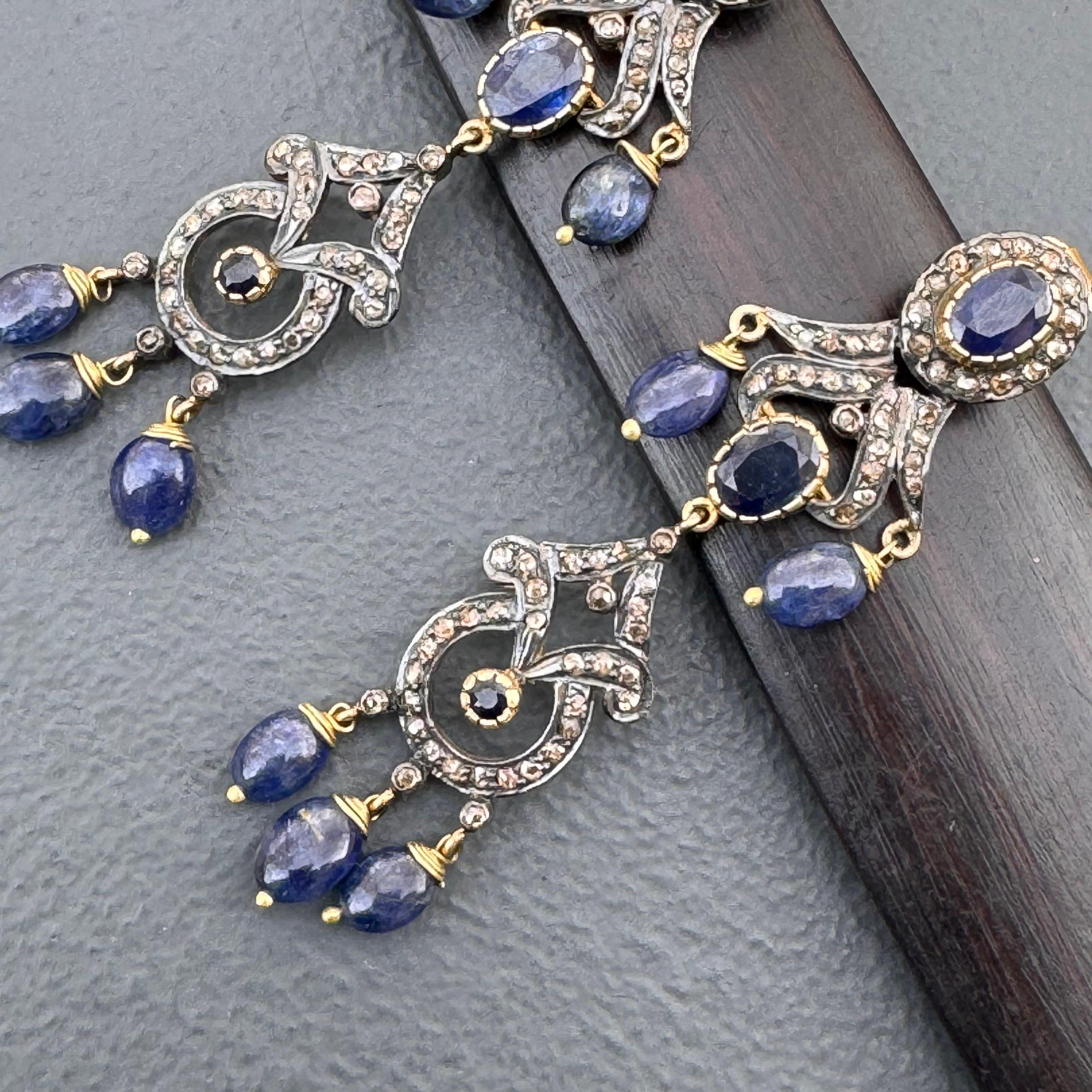 Long Silver 14k Yellow Gold Diamond Sapphire Dangle Earrings In Good Condition For Sale In Plainsboro, NJ