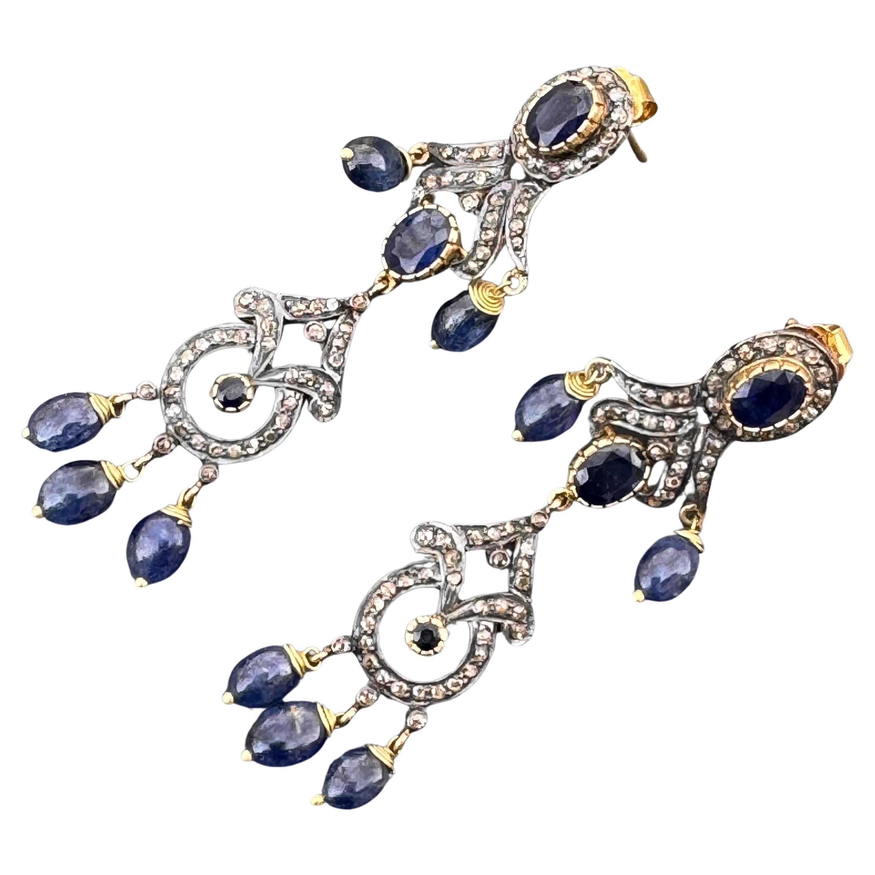 Long Silver 14k Yellow Gold Diamond Sapphire Dangle Earrings For Sale