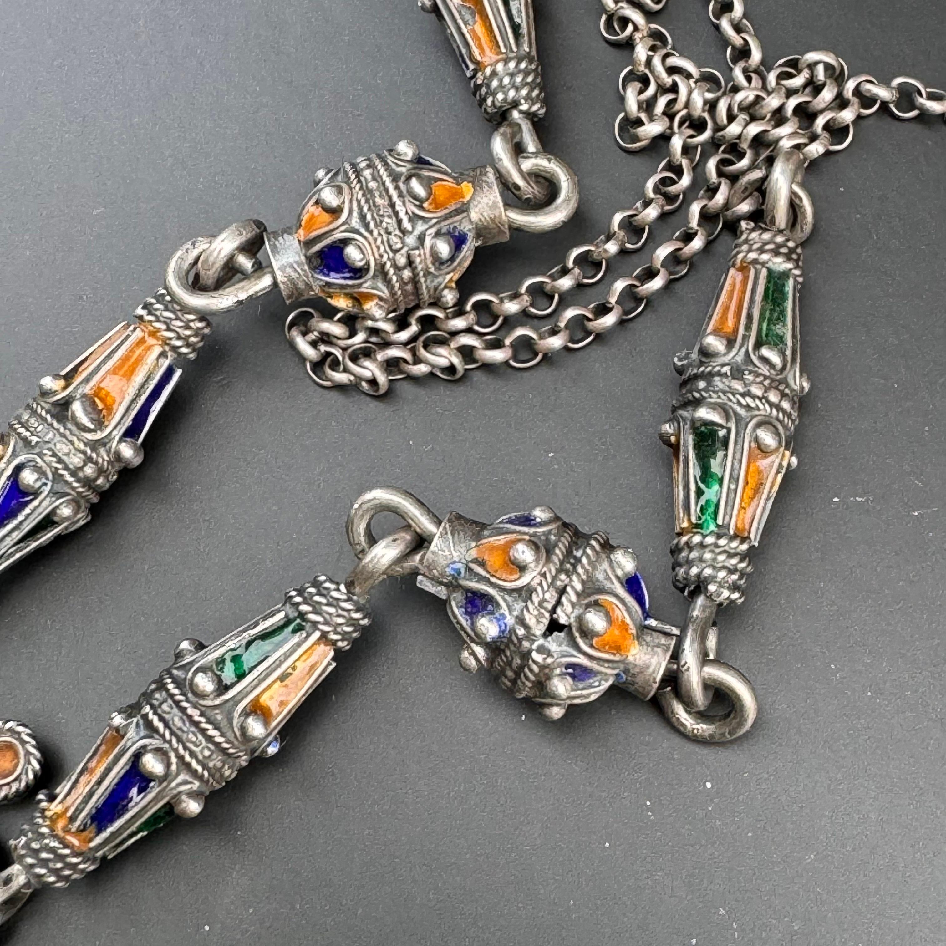 Long Silver Moroccan Berber Enamel Coral Pendant Necklace 89 grams For Sale 5