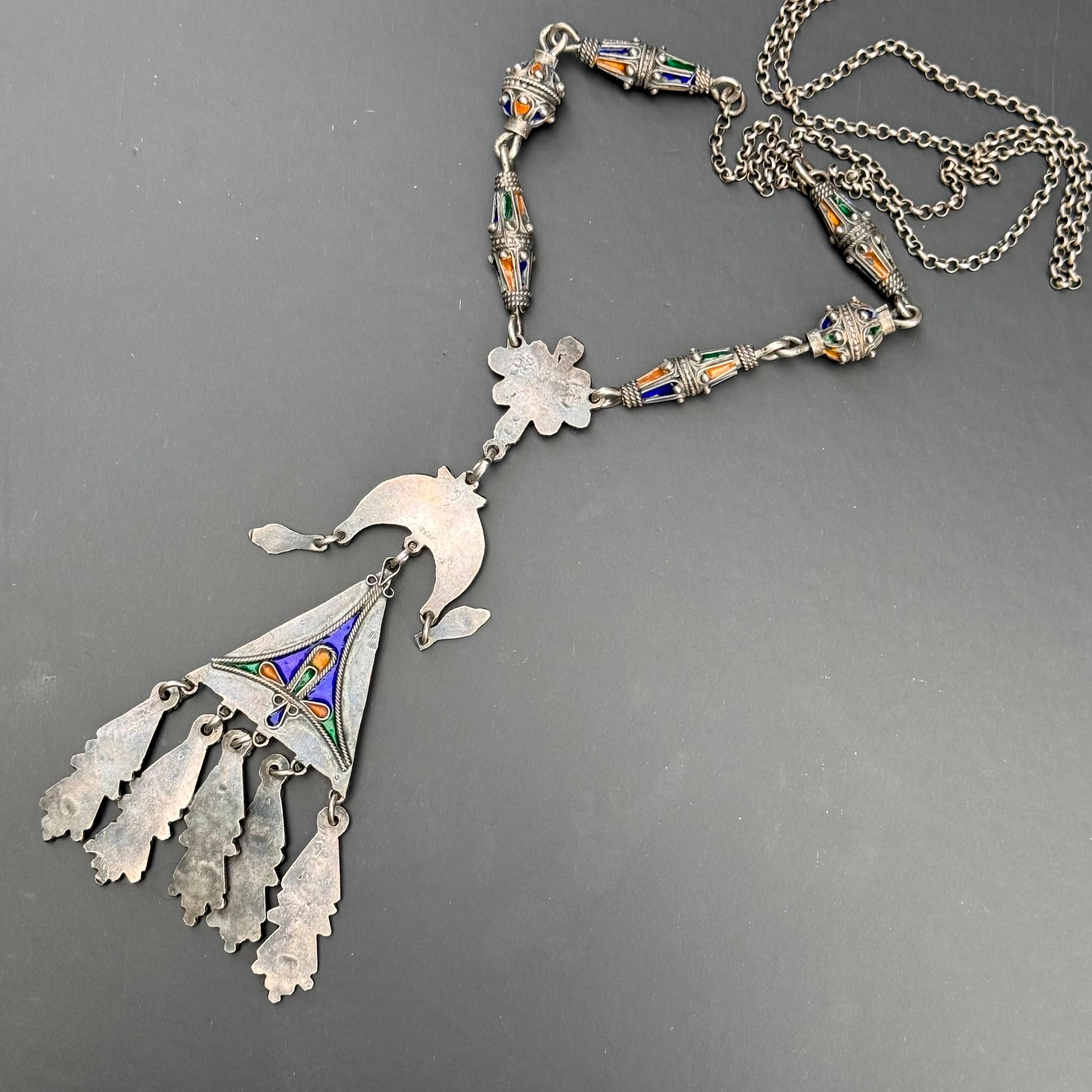Long Silver Moroccan Berber Enamel Coral Pendant Necklace 89 grams For Sale 6
