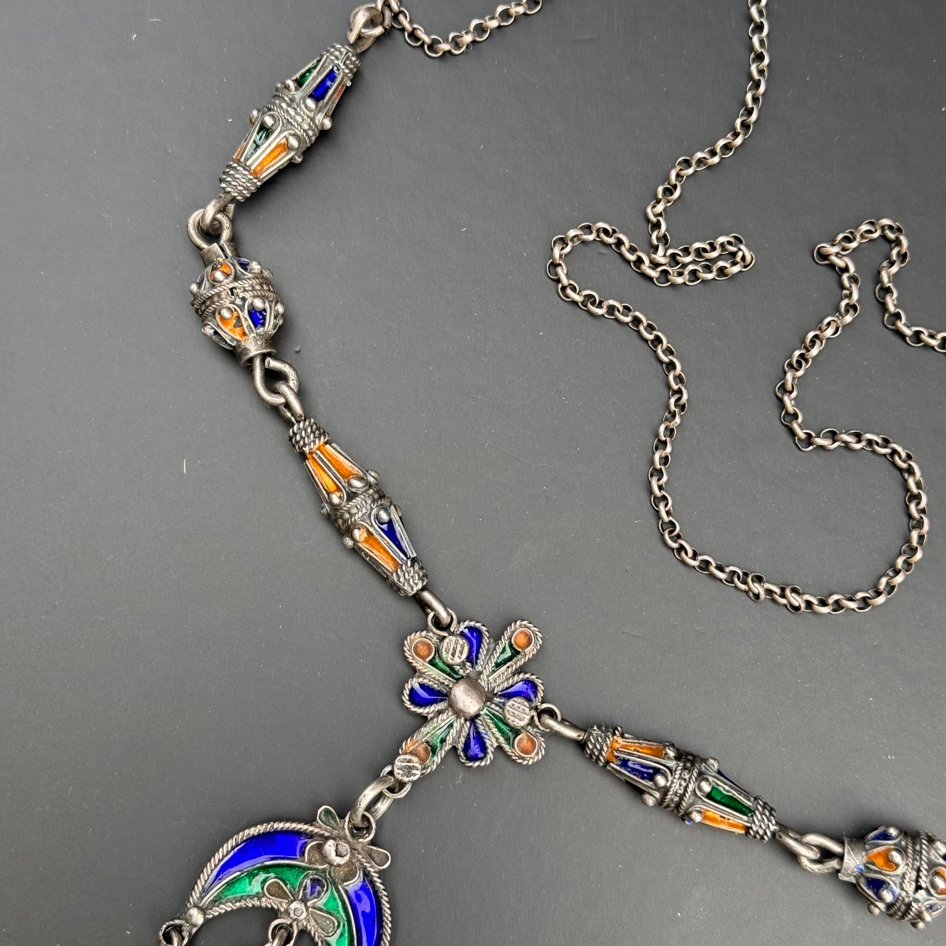 Long Silver Moroccan Berber Enamel Coral Pendant Necklace 89 grams For Sale 7