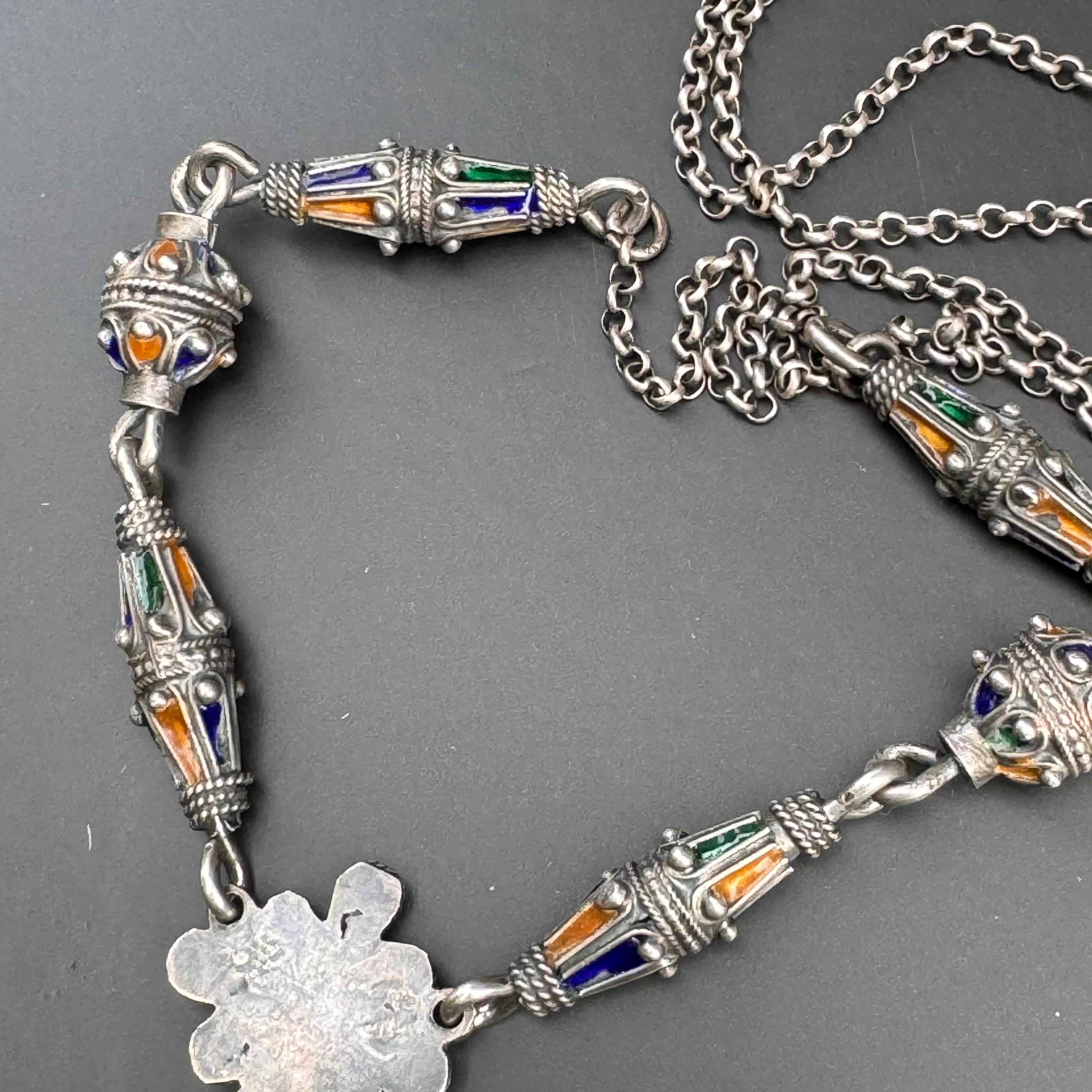 Long Silver Moroccan Berber Enamel Coral Pendant Necklace 89 grams For Sale 8