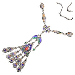 Long Silver Moroccan Berber Enamel Coral Pendant Necklace 89 grams