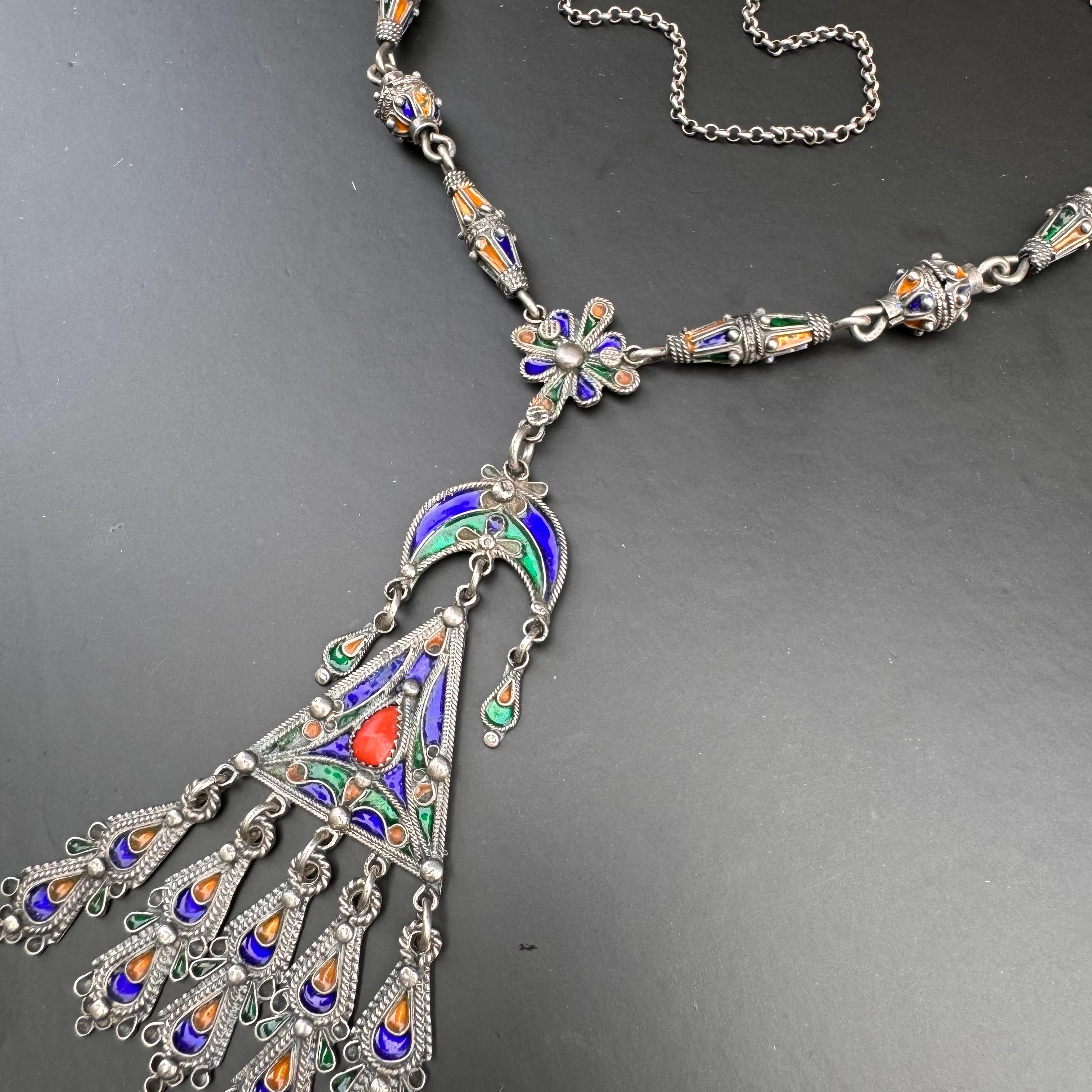 Cabochon Long Silver Moroccan Berber Enamel Coral Pendant Necklace 89 grams For Sale