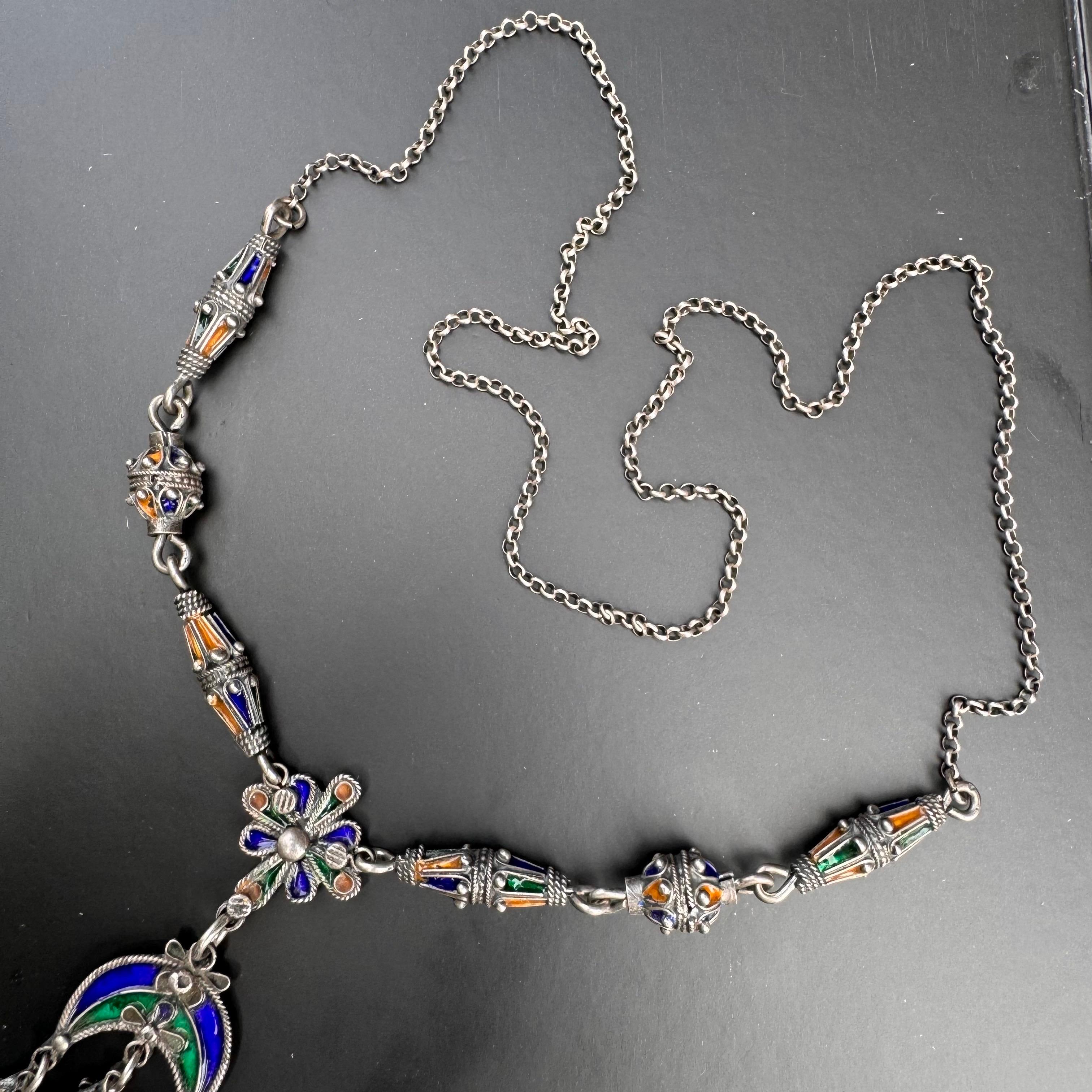 Long Silver Moroccan Berber Enamel Coral Pendant Necklace 89 grams In Good Condition For Sale In Monroe Township, NJ