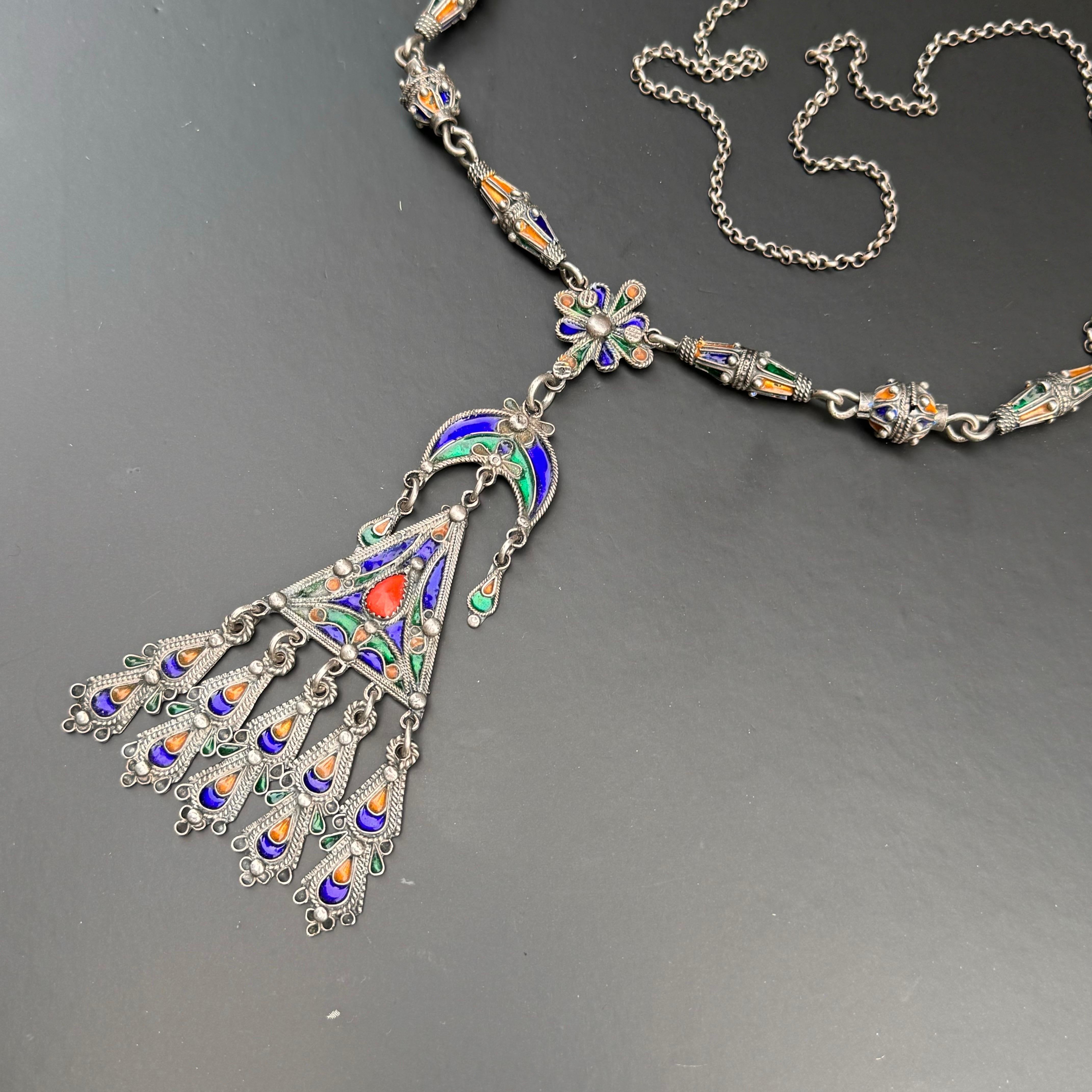 Women's Long Silver Moroccan Berber Enamel Coral Pendant Necklace 89 grams For Sale