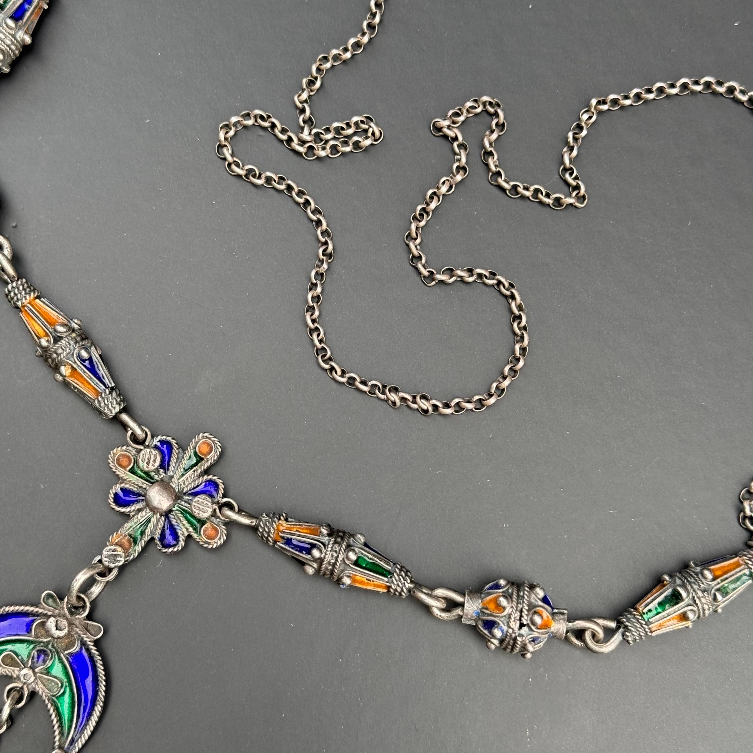 Long Silver Moroccan Berber Enamel Coral Pendant Necklace 89 grams For Sale 3