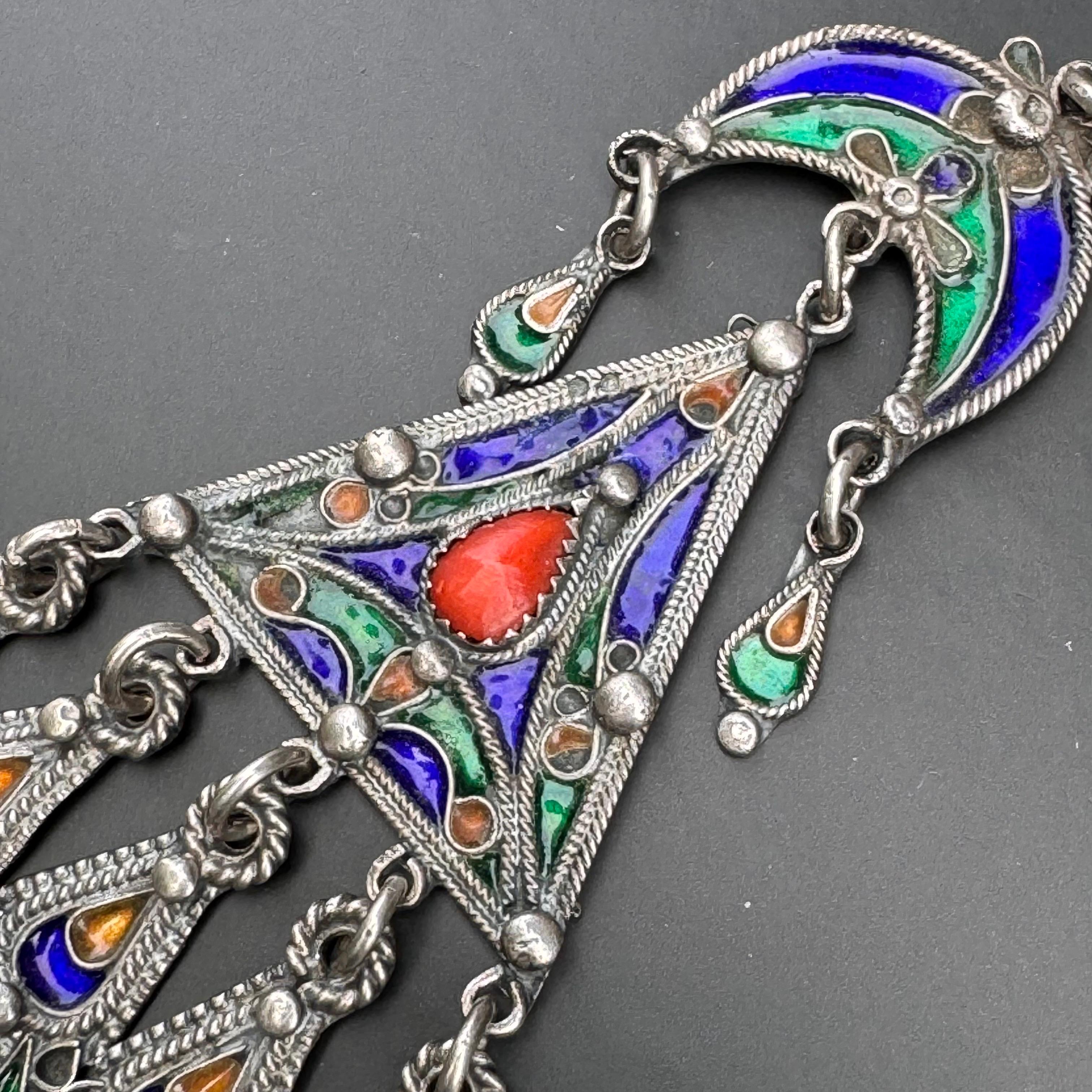Long Silver Moroccan Berber Enamel Coral Pendant Necklace 89 grams For Sale 4