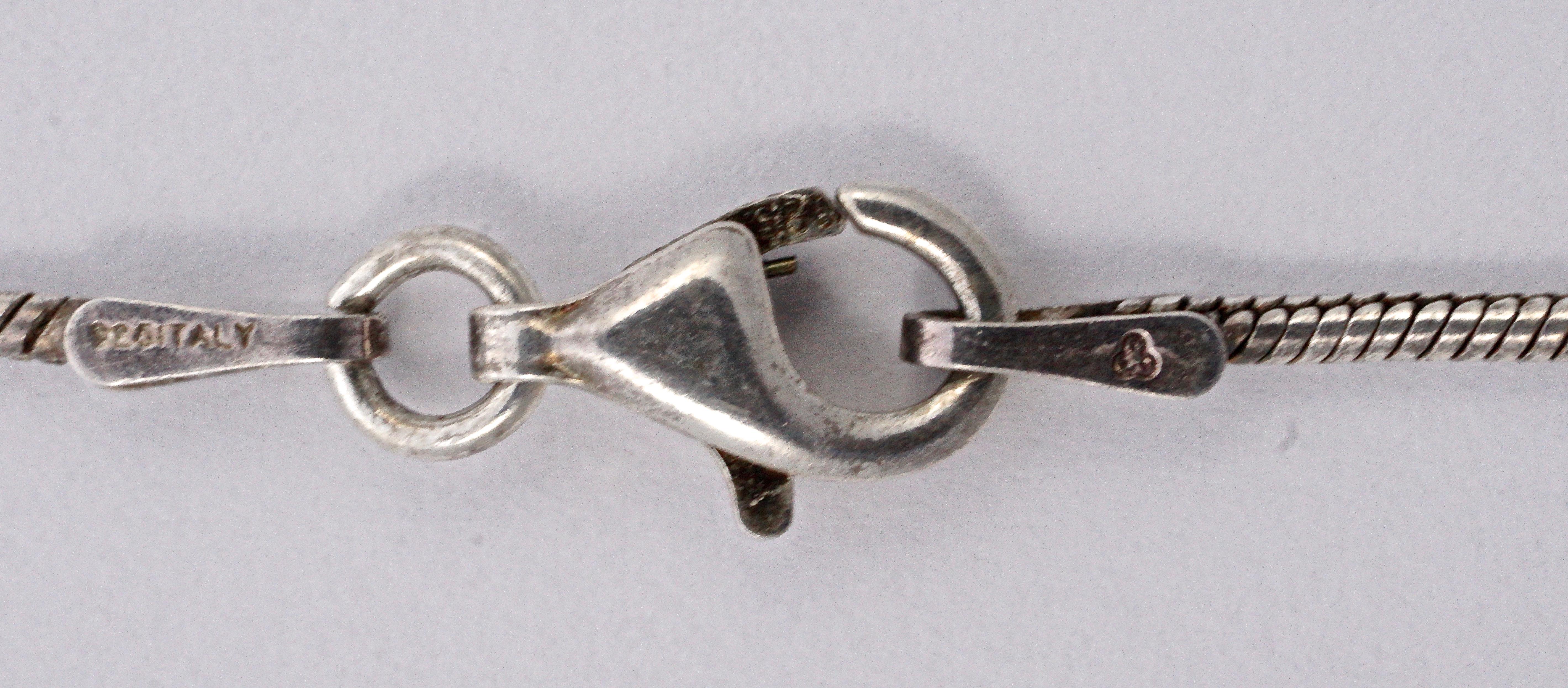 Long Italian Silver Snake Chain and Woven Heart Pendant Necklace circa 1990s 3