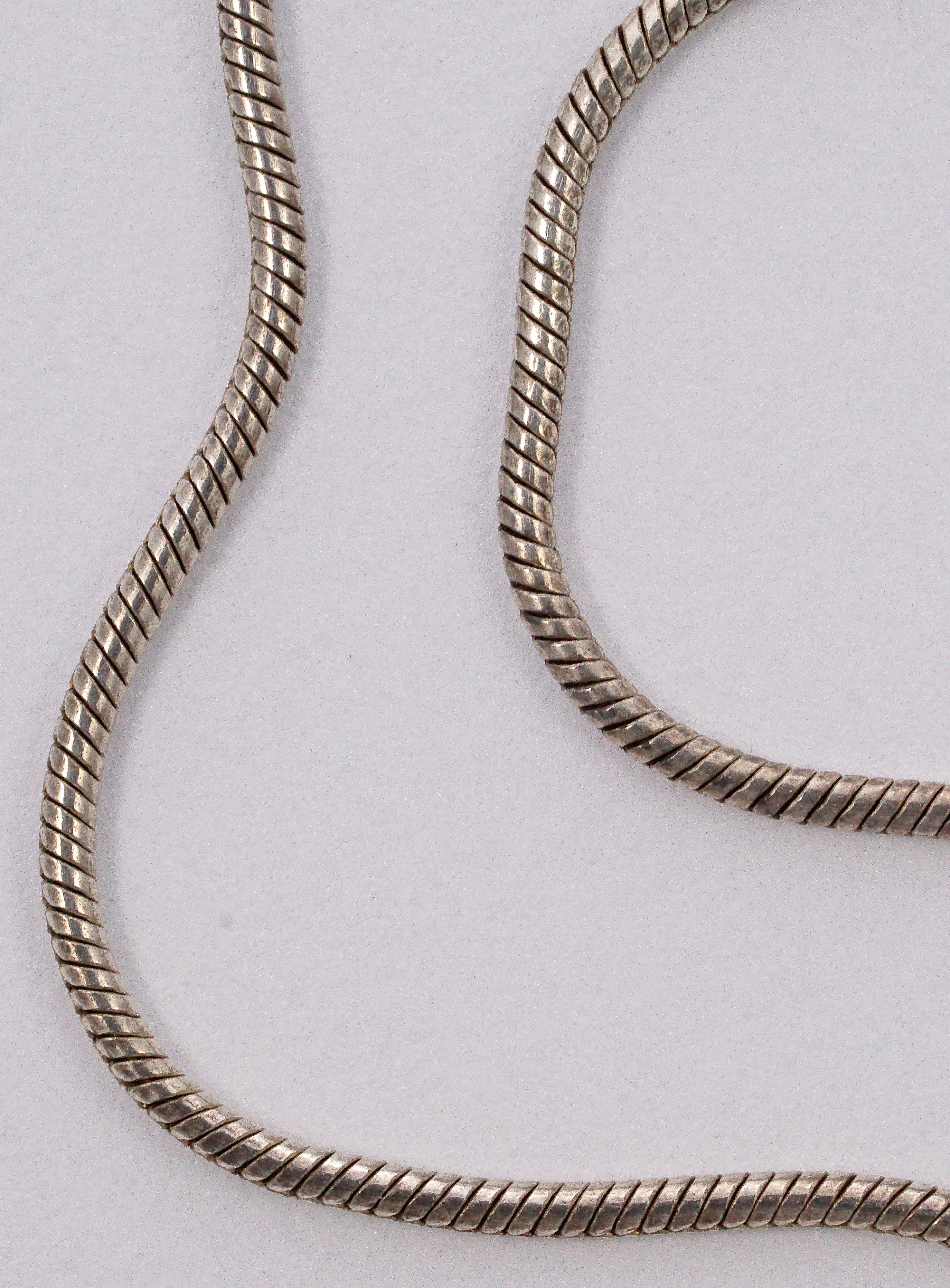 Long Italian Silver Snake Chain and Woven Heart Pendant Necklace circa 1990s 4