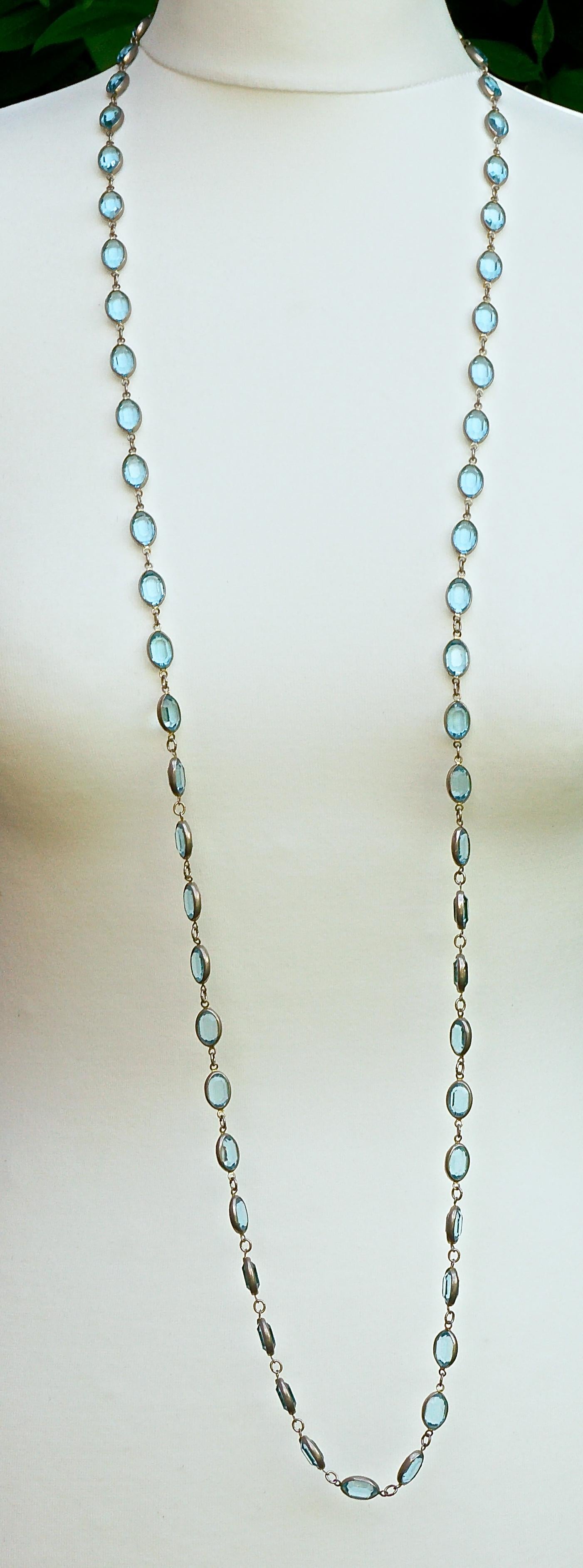 Long Silver Tone and Bezel Set Open Back Oval Blue Glass Link Necklace In Good Condition In London, GB